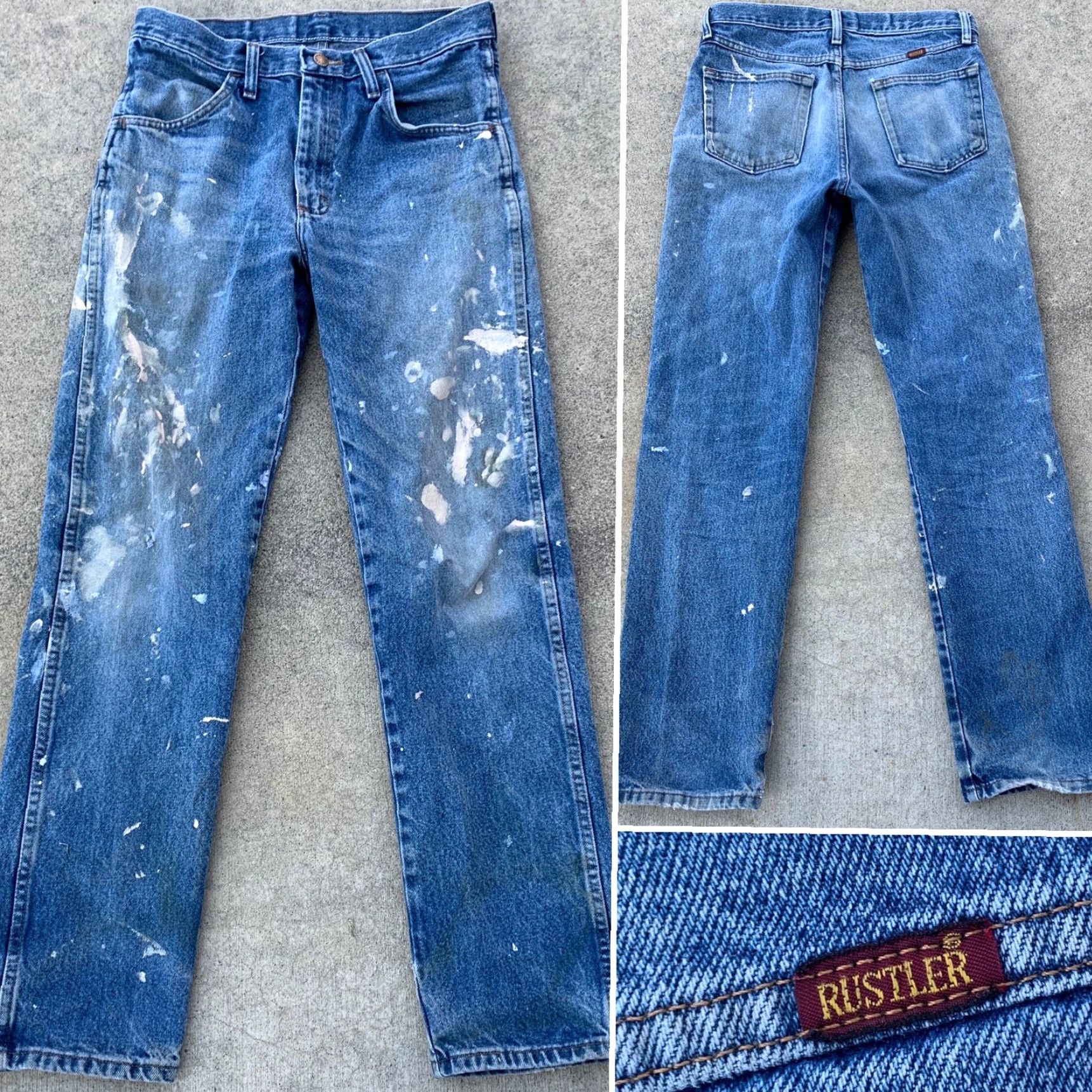 Vintage Rustler Jeans Distressed Paint Spots Faded 30 X 32 32 X 32 Denim Cotton Belt Loops 5-Pocket Men Jeans Cowboy Theme Mens Size US 32 / EU 48 - 4 Thumbnail