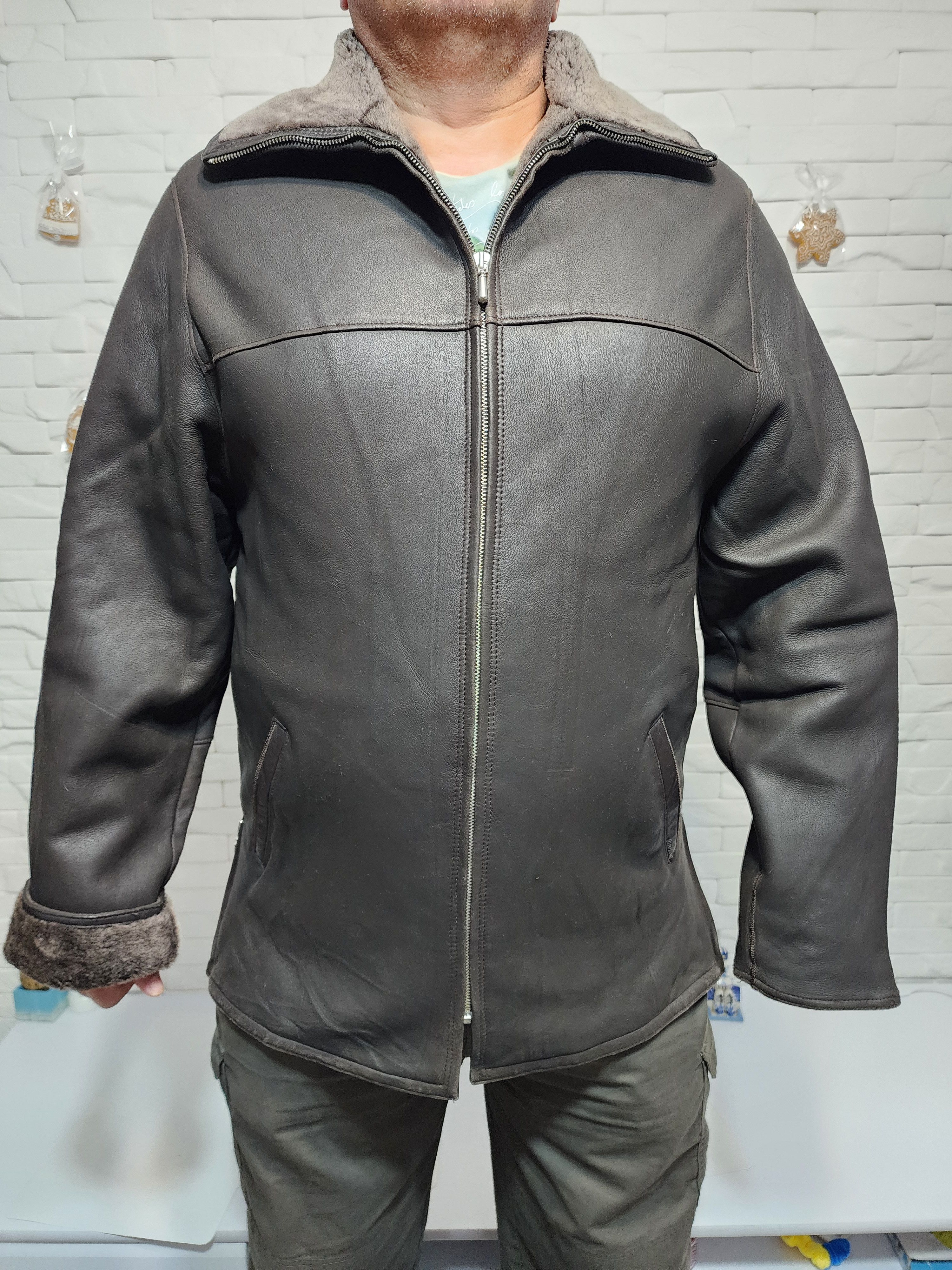 Furla Men's Brown Sheepskin Coat: White Fur, Metal Zipper Size US L / EU 52-54 / 3 - 1 Thumbnail