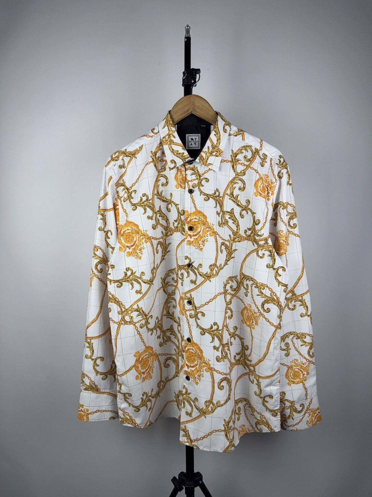 Designer × Japanese Brand Vintage 90s Versace STYLE Barocco Gothic Gold Shirt Size US XL / EU 56 / 4 - 1 Thumbnail