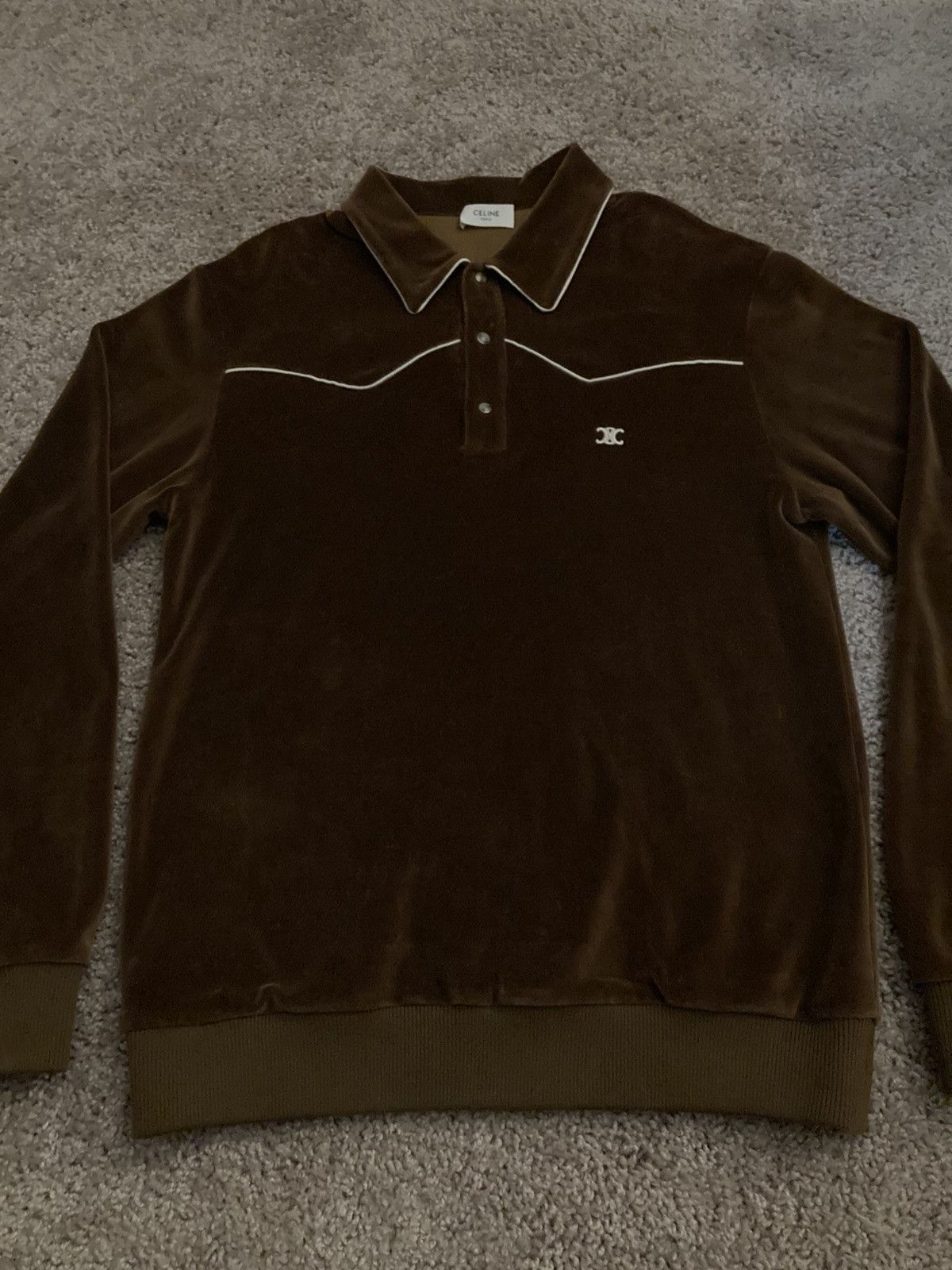 Celine × Hedi Slimane FW20 Celine Velour Polo Pullover Velvet 2020 AW20 Chocolate Size US S / EU 44-46 / 1 - 6 Thumbnail