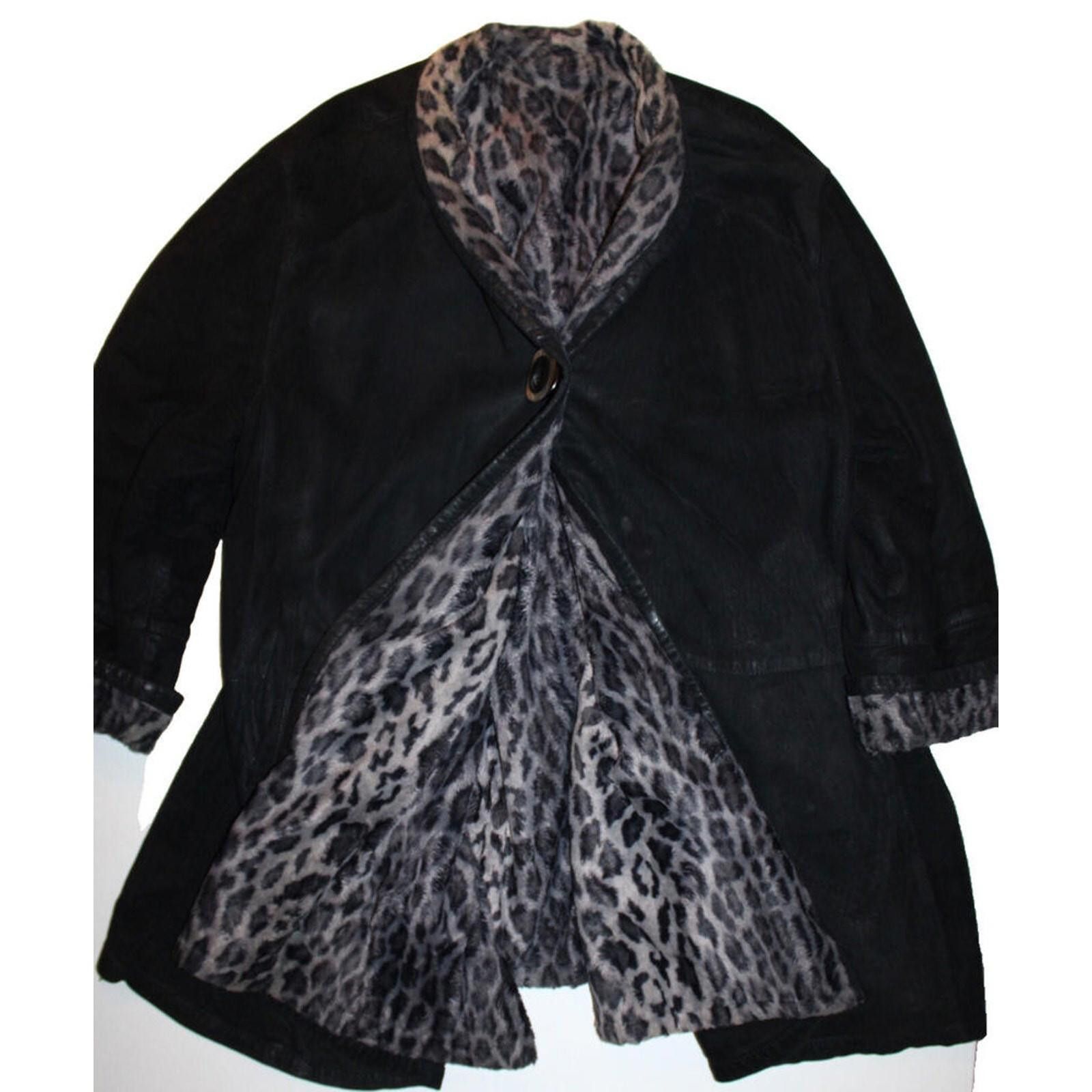 Other Enrico Mandelli Black Leather Suede Leopard Print Coat Size US L / EU 52-54 / 3 - 1 Thumbnail