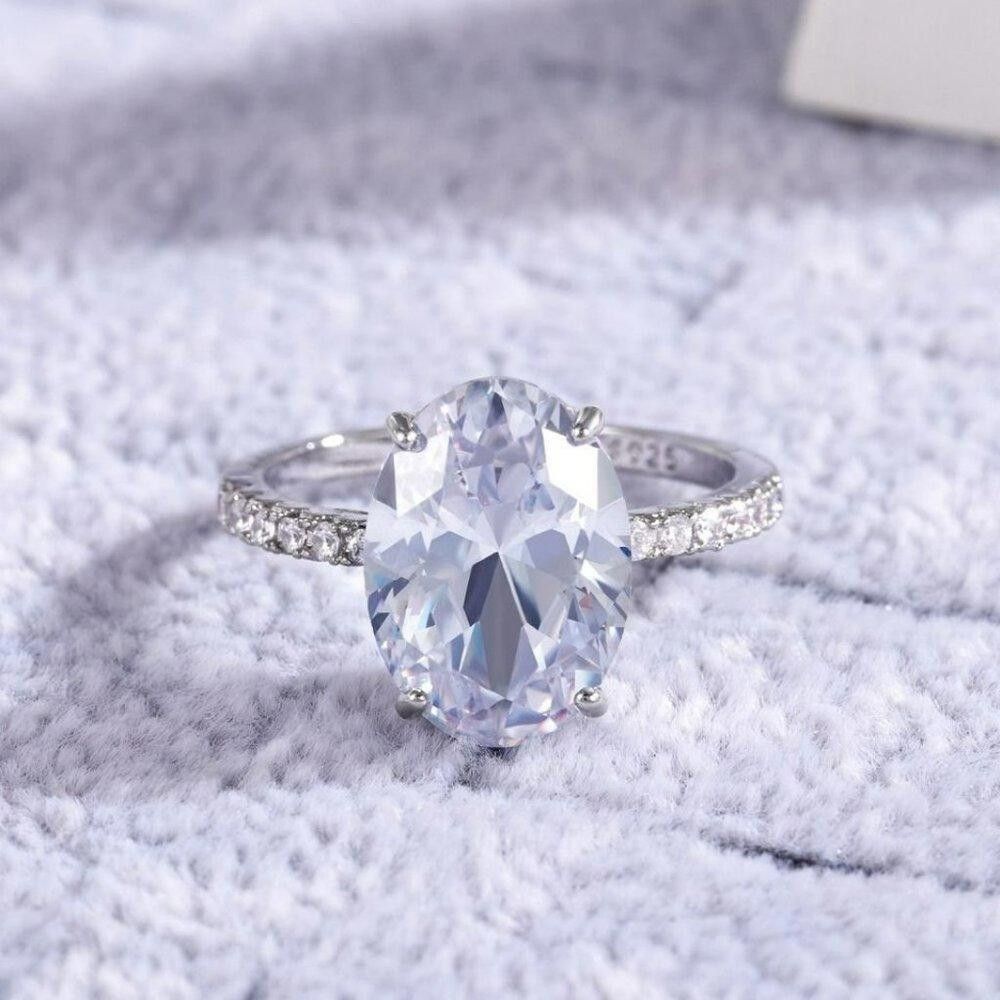 Designer Oversized 14mm Oval CZ Silver Engagement Ring - Size 5 Size ONE SIZE - 6 Thumbnail