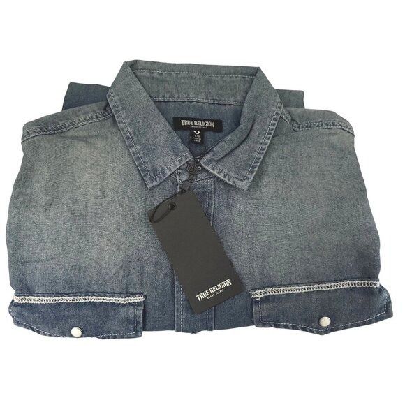 True Religion True Religion Mens Blue Denim Graphic Logo Chambray Long Sle Size US L / EU 52-54 / 3 - 3 Thumbnail