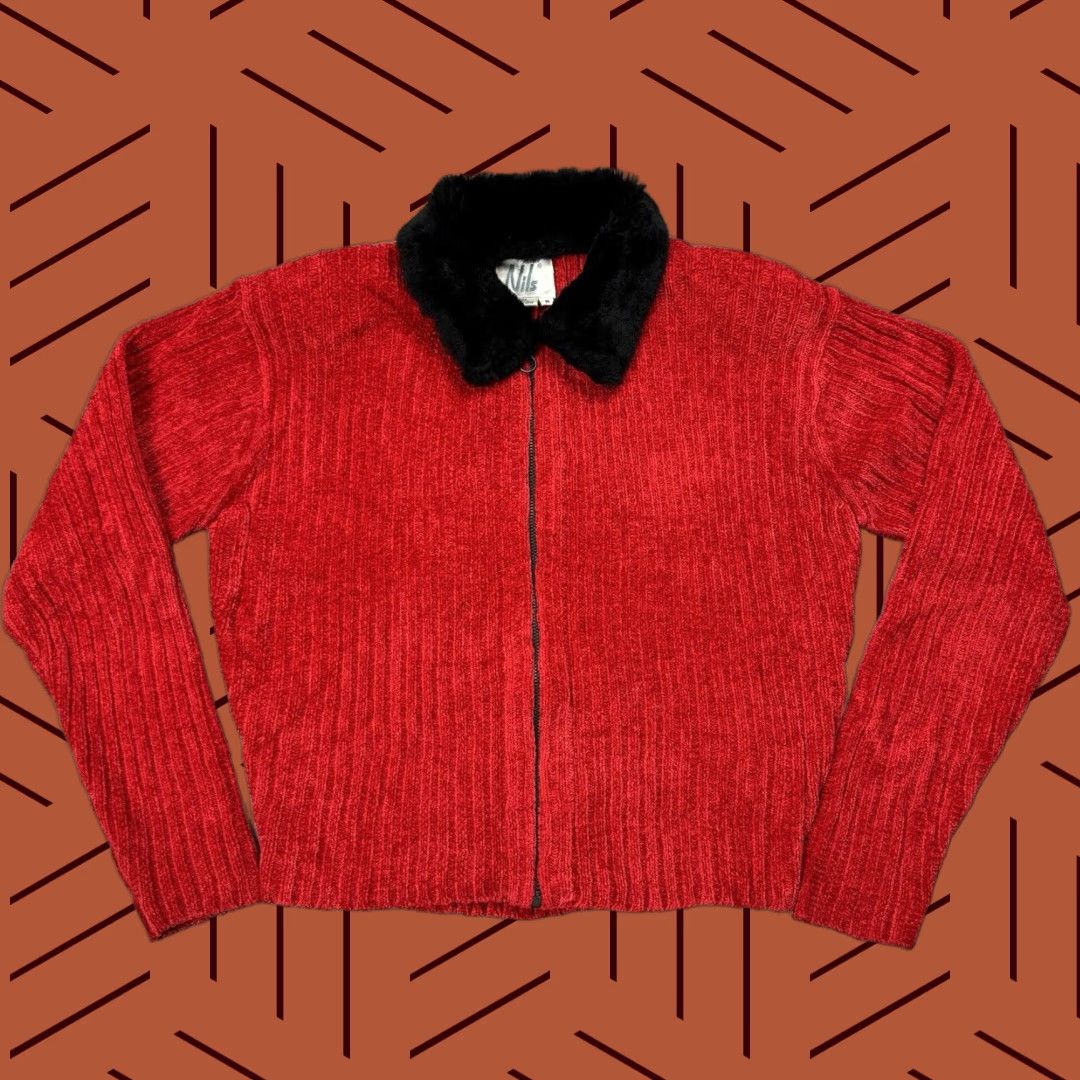 Velour VINTAGE Nils Y2K 90s Velour Fleece Short Crop Jacket Womens Medium Red Faux Fur Collar Size M / US 6-8 / IT 42-44 - 1 Thumbnail