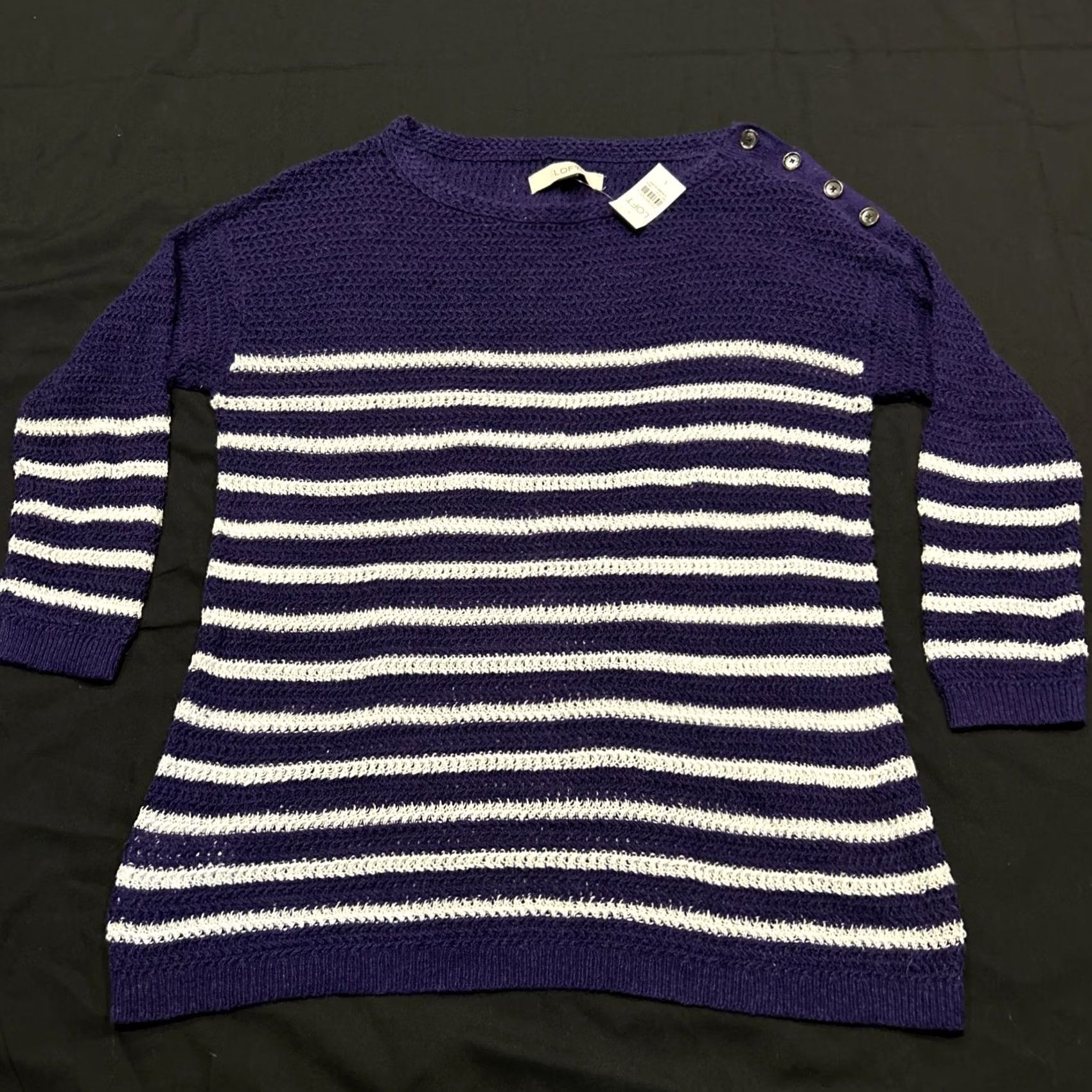 Loft LOFT Womens Sweater L Purple White Striped Knit Linen Cotton NWT A18 Pullover 3/4 Sleeve Modern Classic Mens? Size L / US 10 / IT 46 - 2 Thumbnail