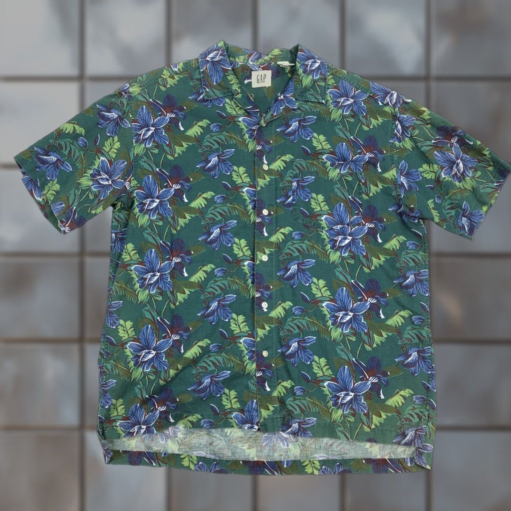 Gap GAP Men's L Hawaiian Shirt Green Blue Floral Linen Blend Tropical Loop Collar Shirt Casual Button-Down Mens Size US L / EU 52-54 / 3 - 1 Thumbnail