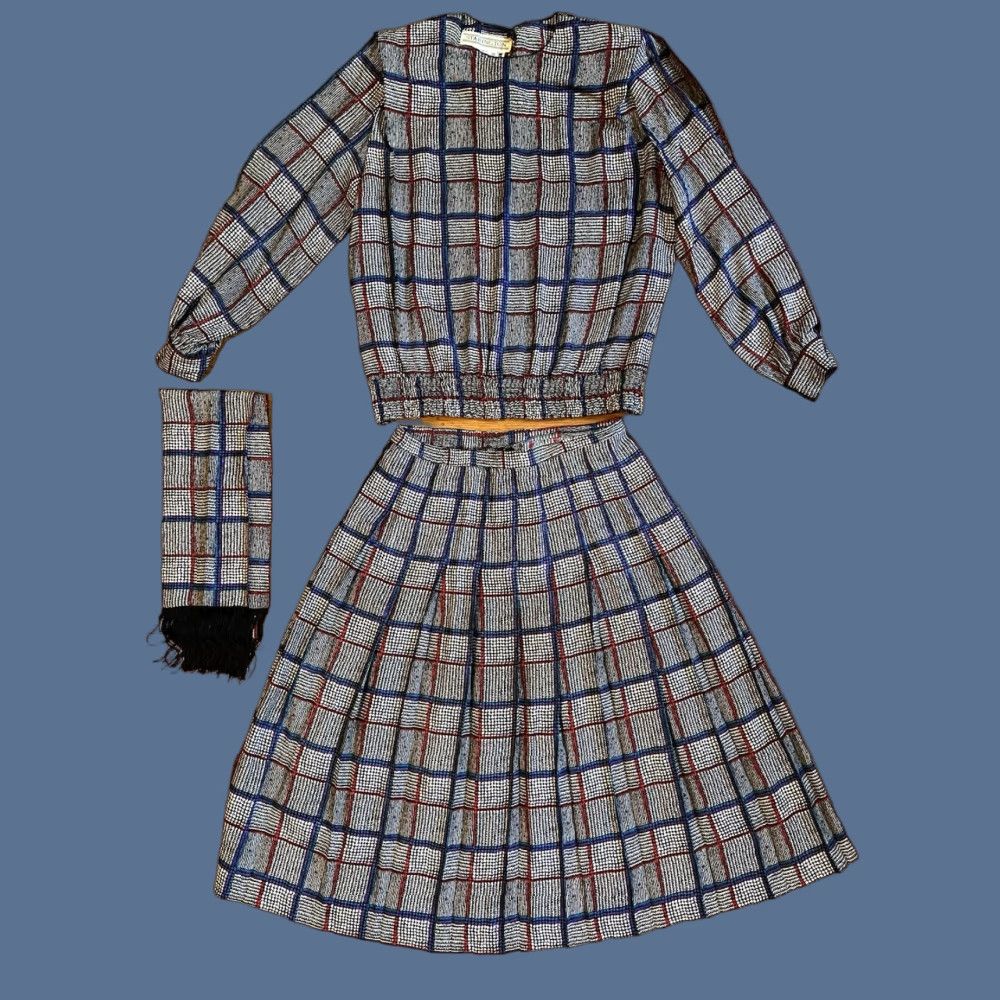 Vintage VINTAGE Starington Silk Blouse Skirt Scarf Set Women’s 12 Plaid Grey Blue 80s Size 4XL / US 24-26 - 1 Thumbnail