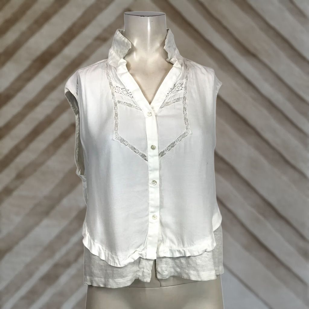 Maje MAJE Blouse Women's 1 White Sleeveless V-Neck Collared Layered Boho Top Size XS / US 0-2 / IT 36-38 - 1 Thumbnail