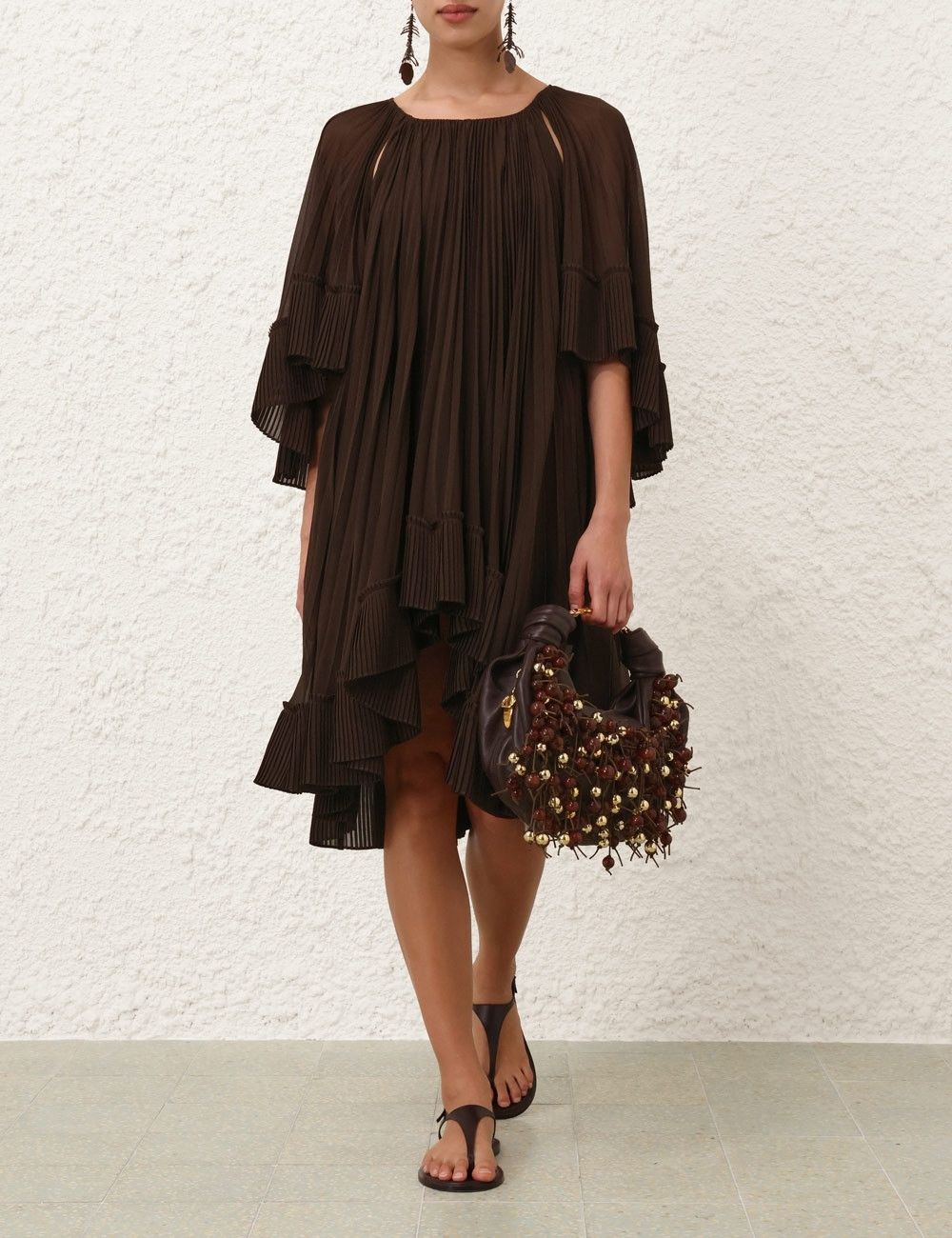 oc11z0226 Illuminate Pleated Cape Mini Dress Chocolate Brown