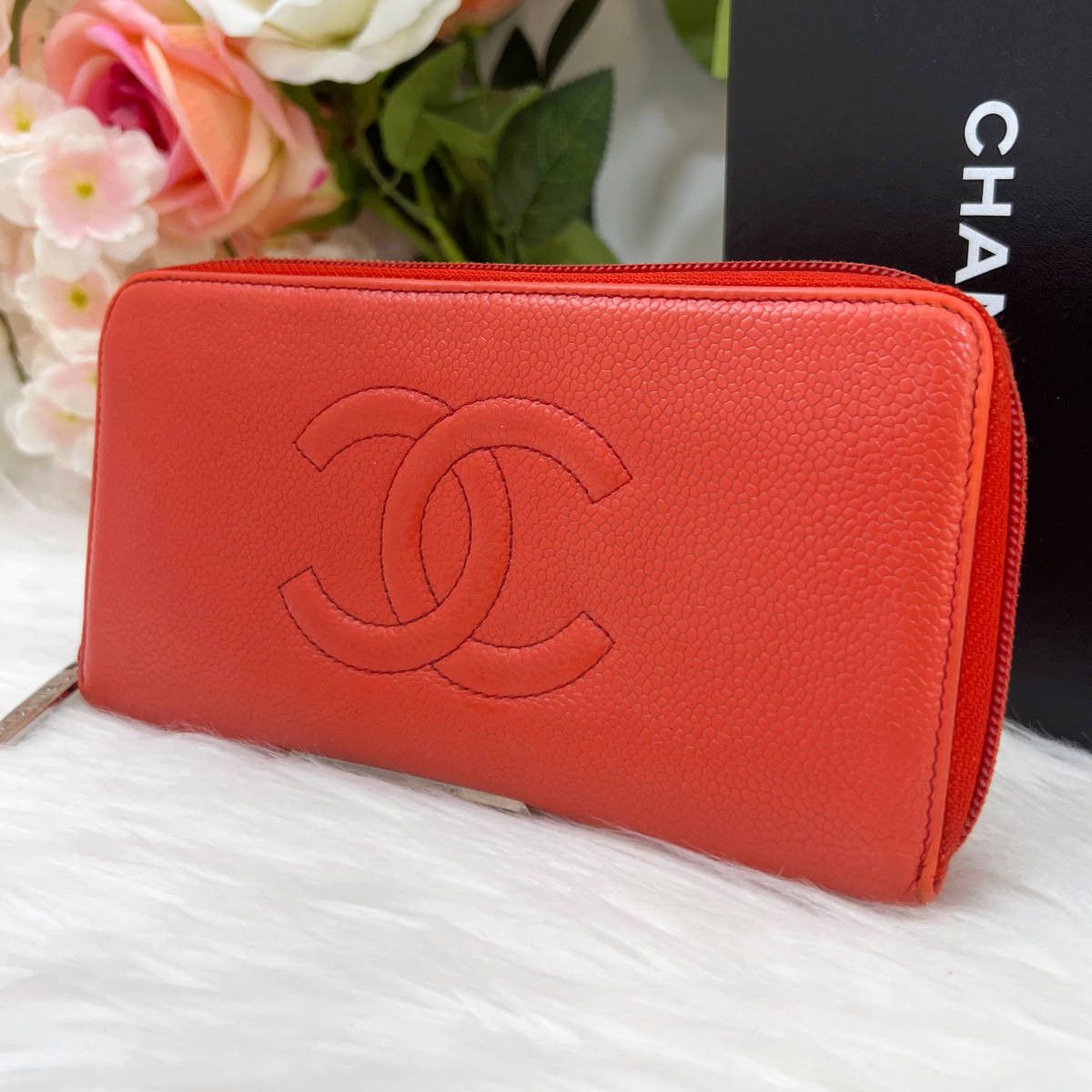 Chanel CHANEL Caviar skin Coco mark Round zipper Long wallet Orange Size ONE SIZE - 1 Thumbnail