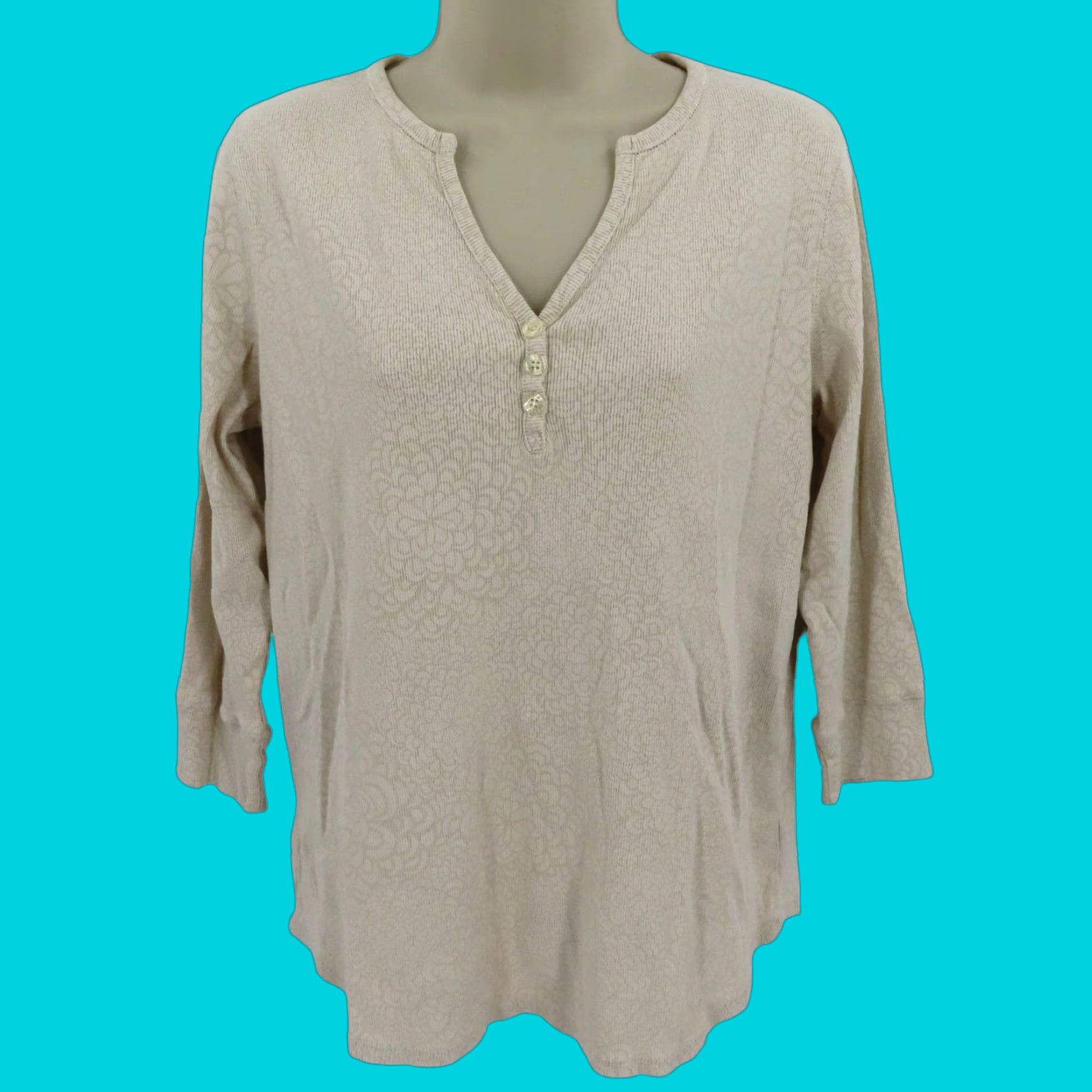 Vintage Fresh Produce Womens XL Beige Floral Button Henley Shirt USA Size XL / US 12-14 / IT 48-50 - 1 Thumbnail