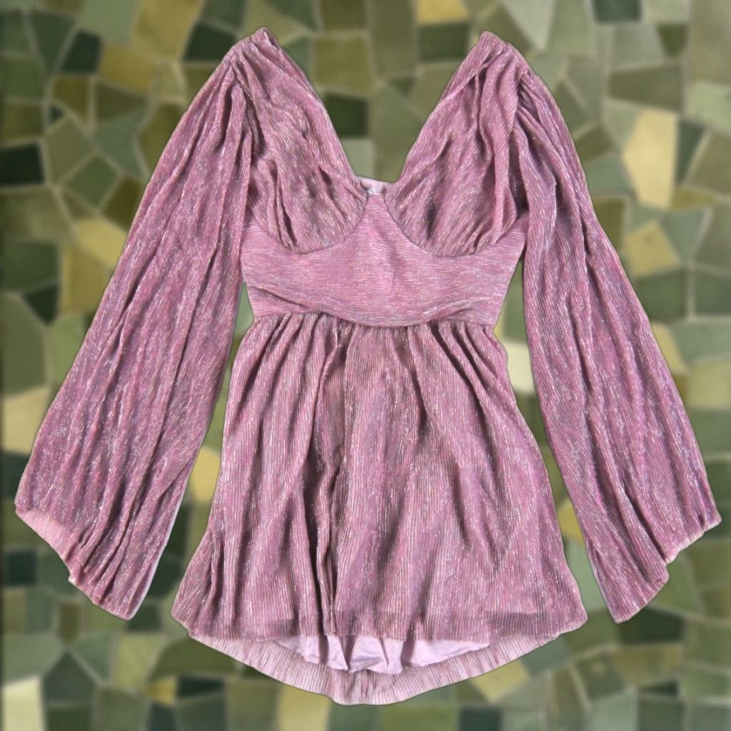 Alife AEL Amy Enjoy Life Pink Shimmery Sparkle Dress – Long Flare Sleeve V-Neck, Large, Women, Polyester, Short Length Size L / US 10 / IT 46 - 1 Thumbnail