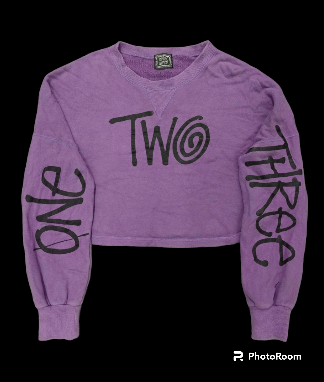 image of Hype x Stussy Sun Faded Stussy Cropped Baggy Sweatshirt in Purple Fade, Women's (Size Medium)