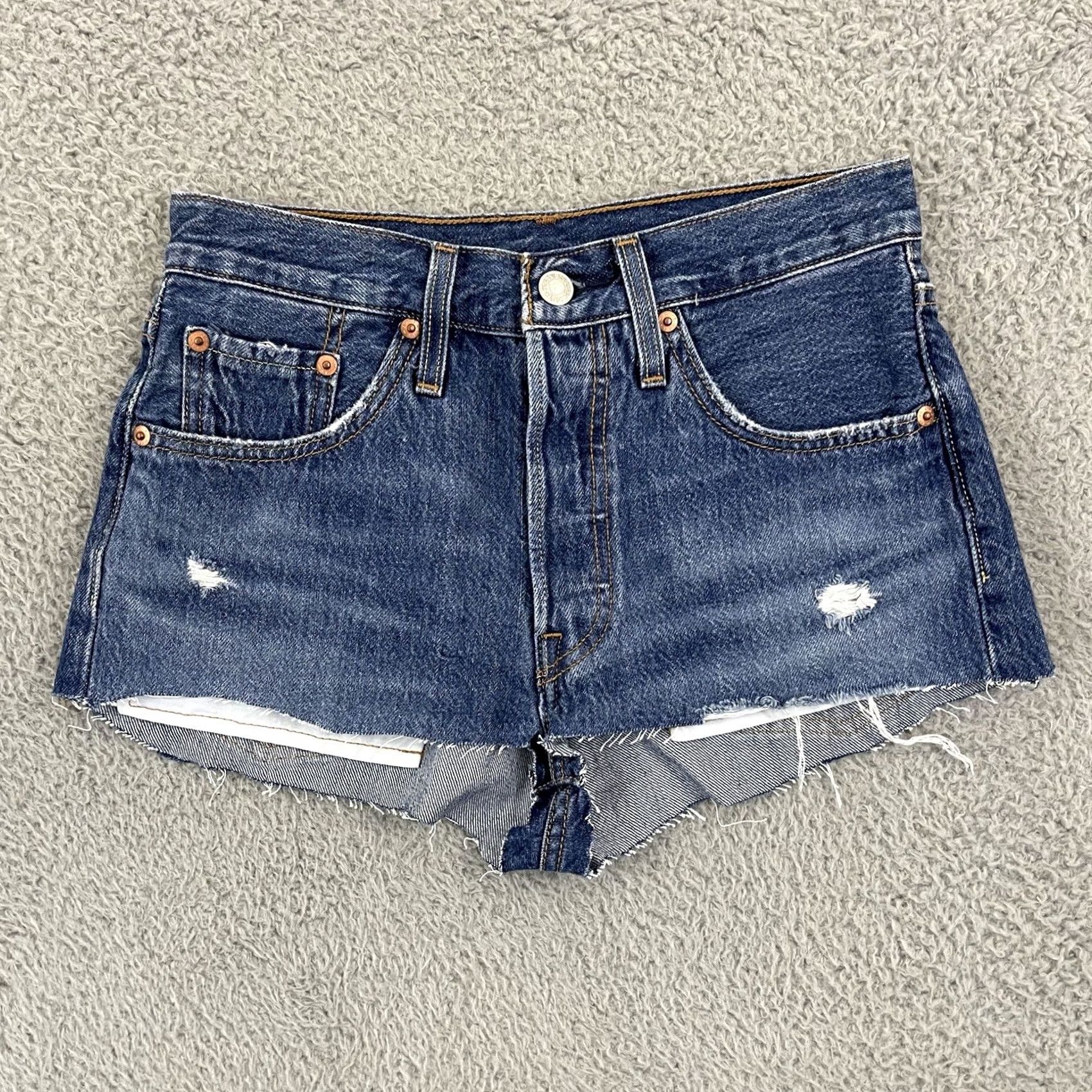 Levi's Levi's 501 Jean Shorts Womens 24 Blue Button Fly Cut Off Distressed Denim Cotton Size 42" / US 20 - 2 Thumbnail