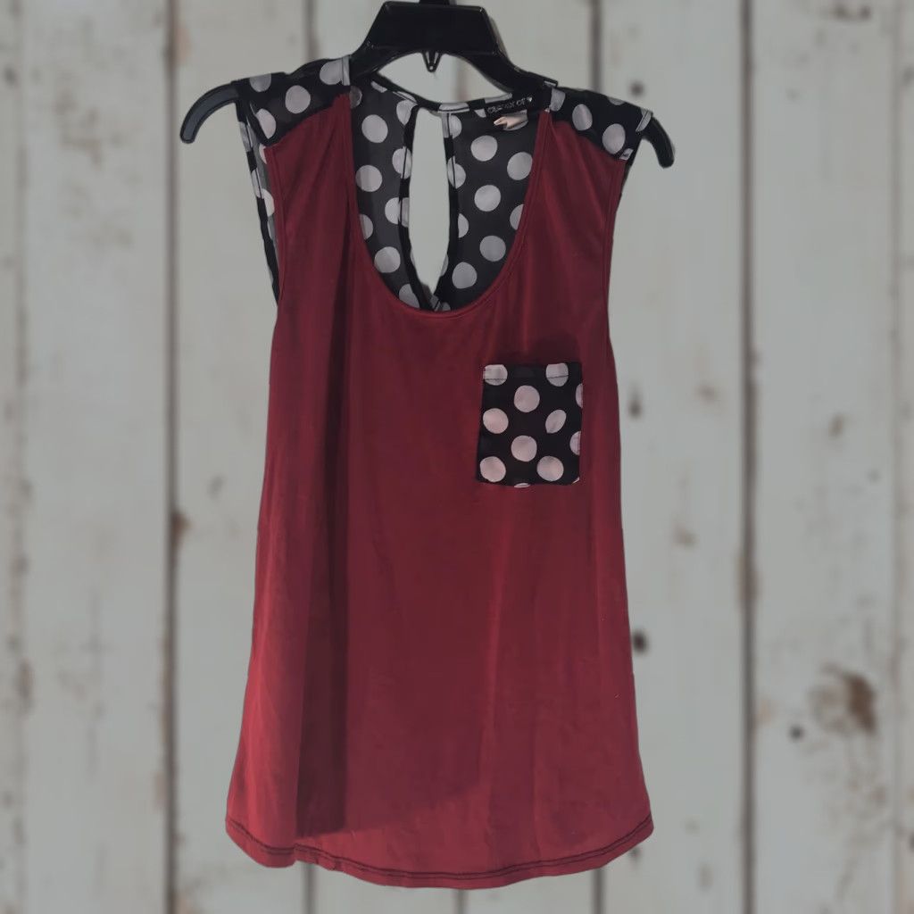 Vintage CROWN OF HEARTS Womens Blouse XL Red/Black/White Polka Dot Sheer Back Sleeveless USA Size XL / US 12-14 / IT 48-50 - 1 Thumbnail