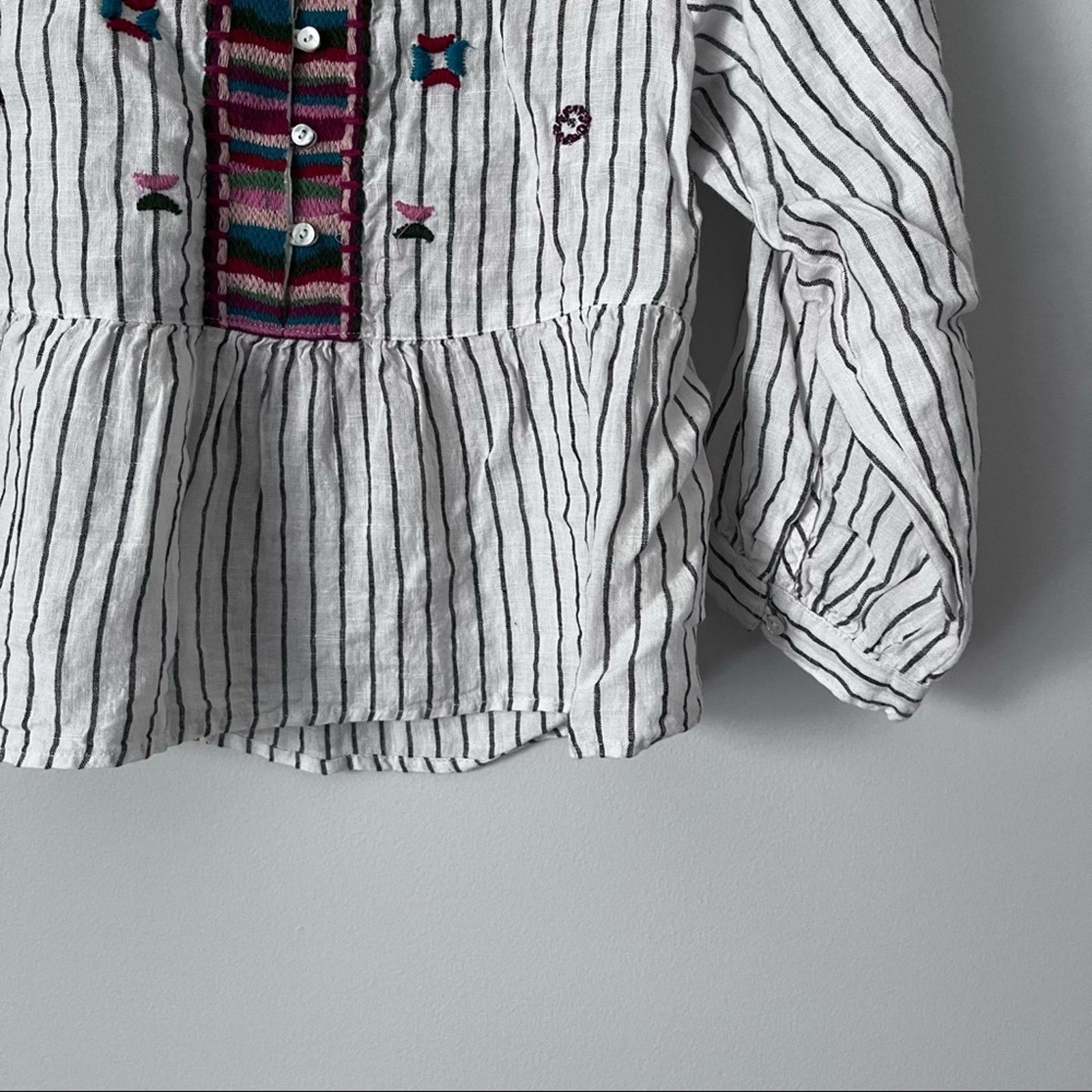 Zara Zara Embroidered Linen Pompom Peplum Top Striped Boho Size S / US 4 / IT 40 - 10 Thumbnail