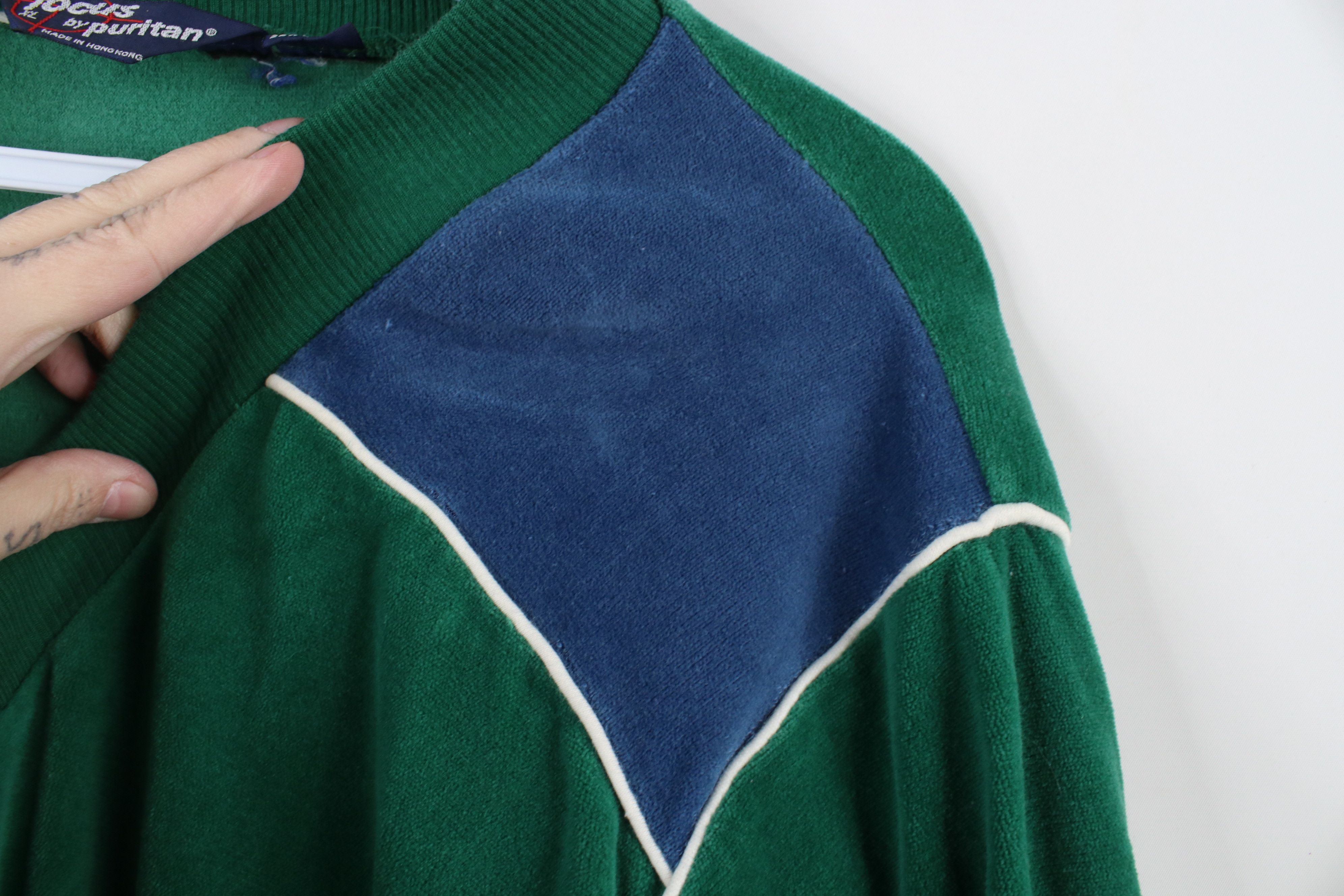 Vintage Vintage 70s Streetwear Block Velour V-Neck Sweater Green Size US XL / EU 56 / 4 - 6 Thumbnail