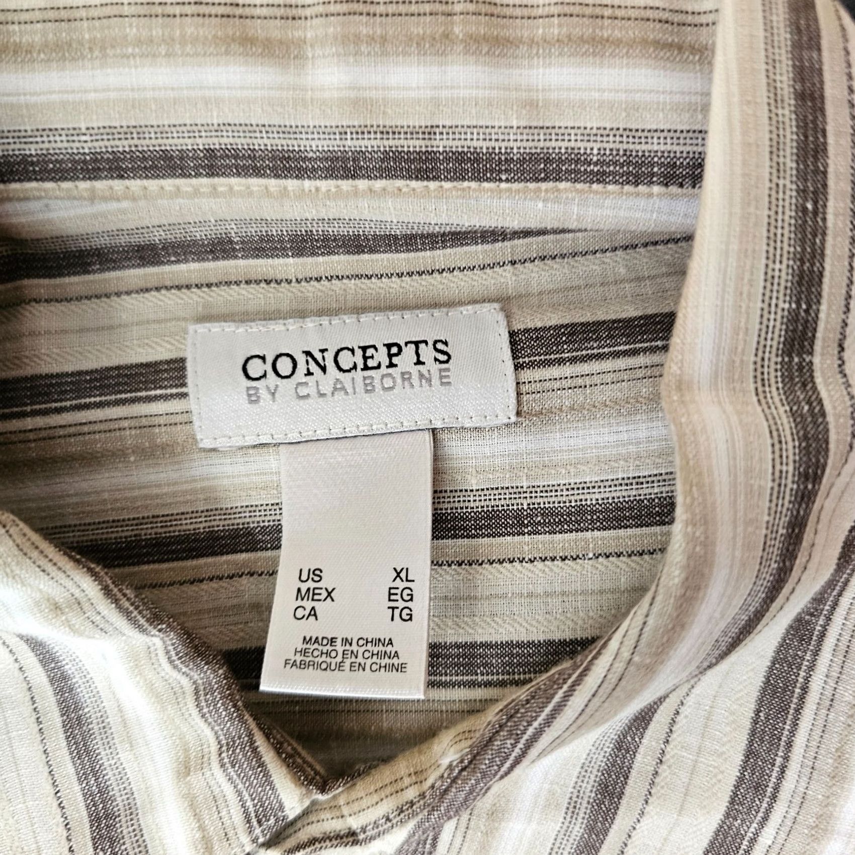 Vintage CONCEPTS BY CLAIBORNE Shirt XL Beige Striped Long Sleeve Button-Up Cotton Linen Size US XL / EU 56 / 4 - 2 Thumbnail