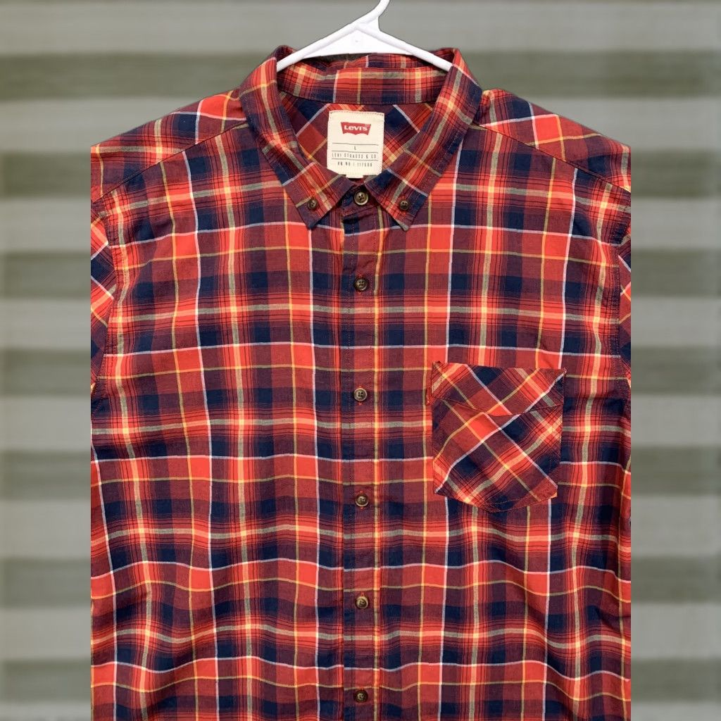 Levi's Levi’s Western Shirt Button-Down Logo 1 Pocket Red Blue Plaid L Mens Size US L / EU 52-54 / 3 - 1 Thumbnail