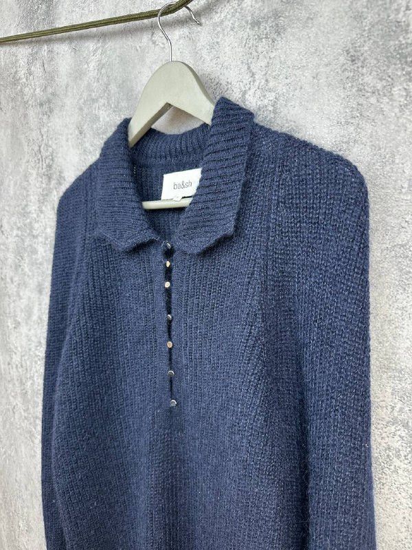 ba&sh Ba&Sh Puffed Sleeve Knit Polo Mohair/Wool Sweater Navy Size S / US 4 / IT 40 - 6 Thumbnail