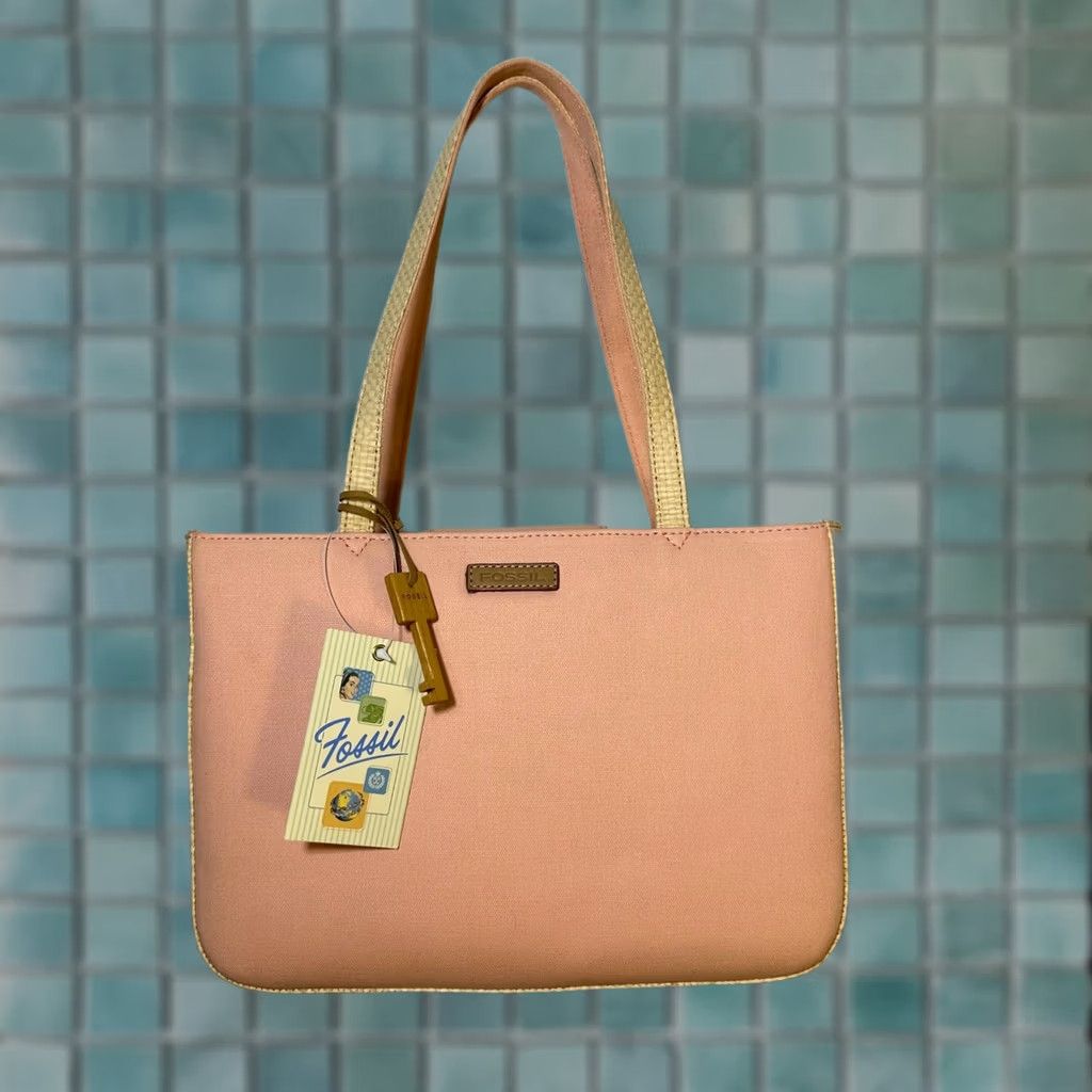 Fossil Fossil Nottinghill Shopper Tote Pink Canvas Straw Gingham Lining Multicolor Inner Pockets Womens Medium Accessories Bag Charm Key Size ONE SIZE - 1 Thumbnail