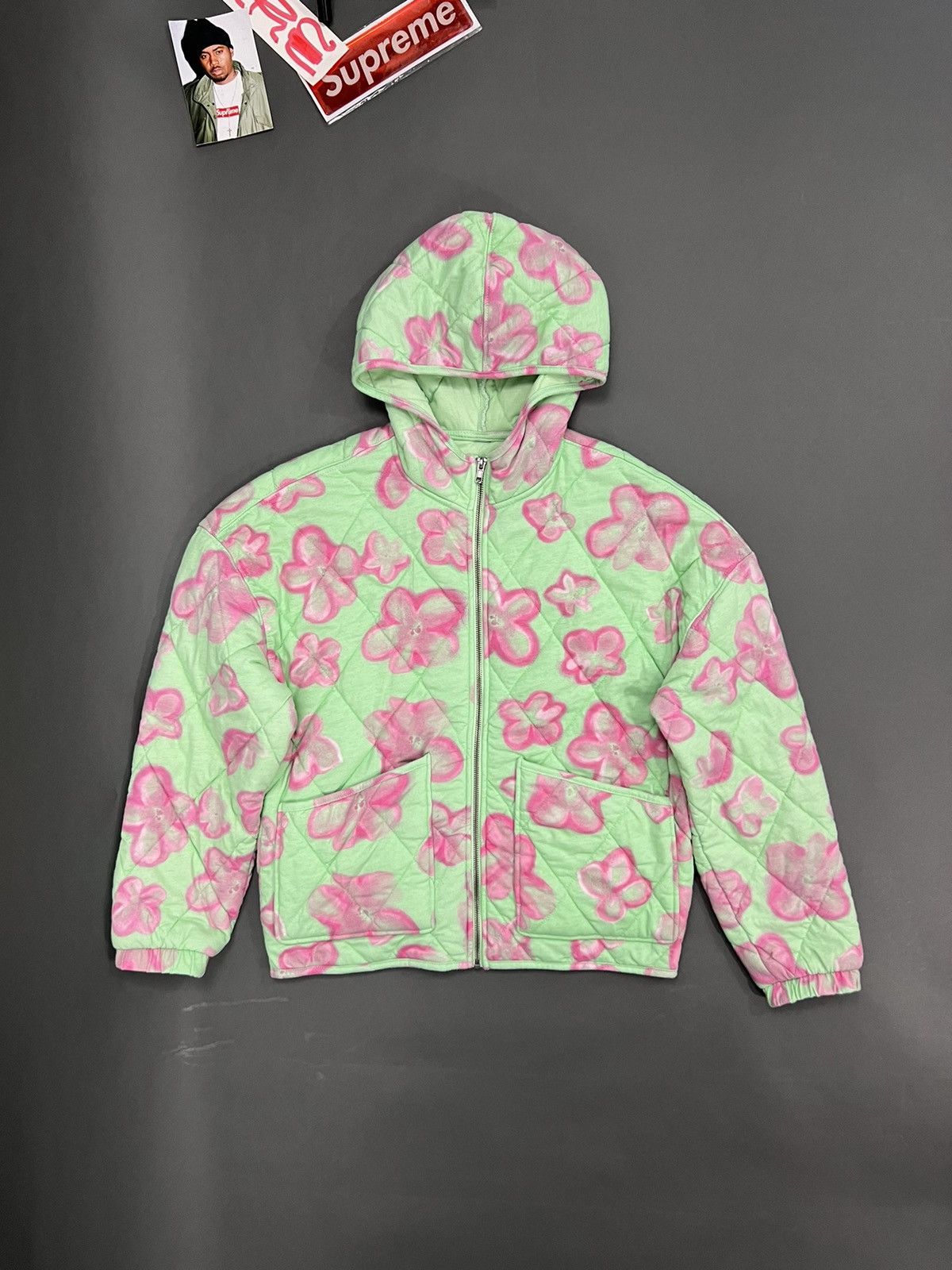 Blanketed Abstract Floral Print Hooded Zip Up Quilted Jacket