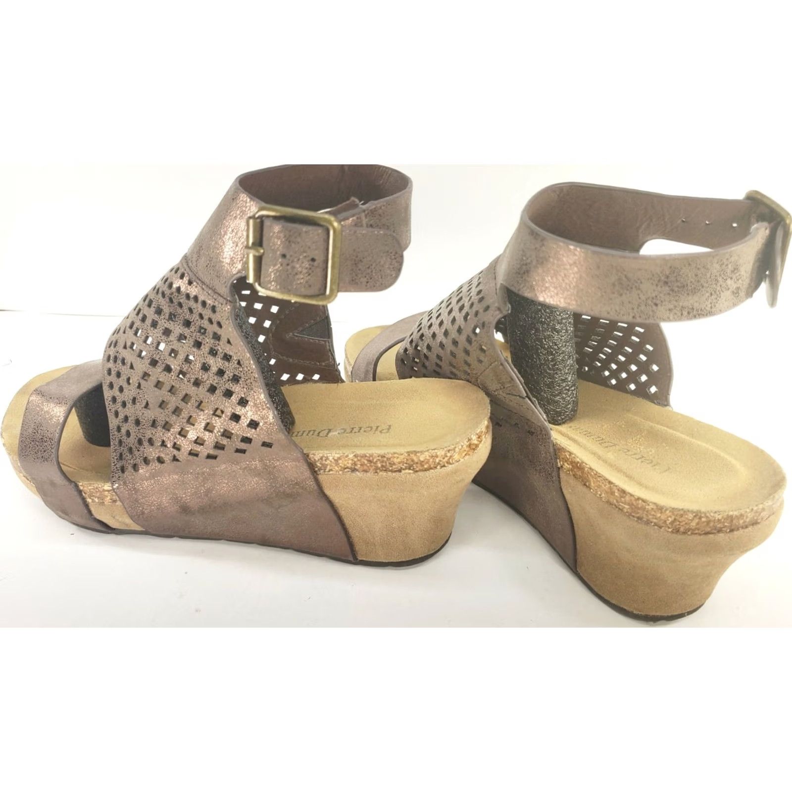 Vintage Pierre Dumas Women's 7 Ankle Strap Wedge Copper Metallic Perforated Peep Sandals Size US 7 / IT 37 - 5 Thumbnail