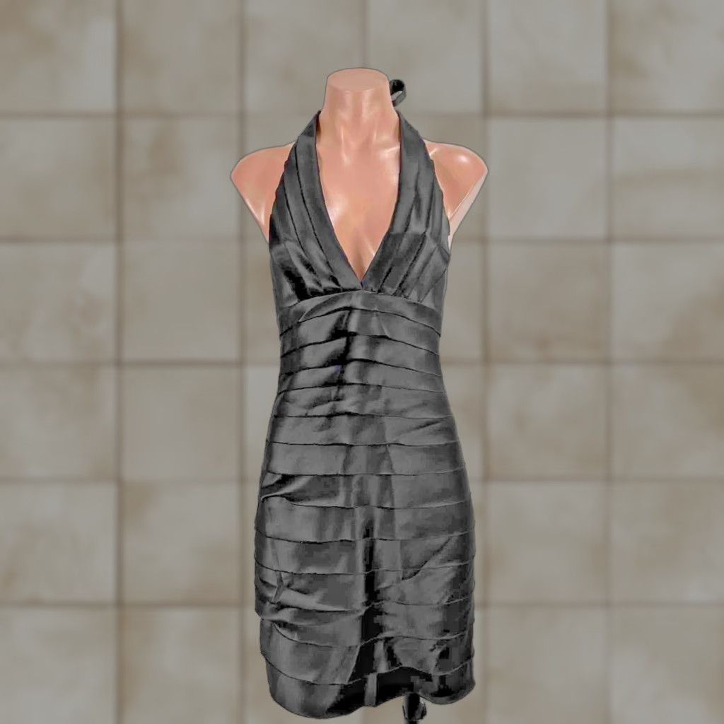 VINTAGE BCBGMAXAZRIA Black Tiered Ruffle Bodycon Short Mini Halter Dress 2  XS LBD Women - www.disolcolor.com