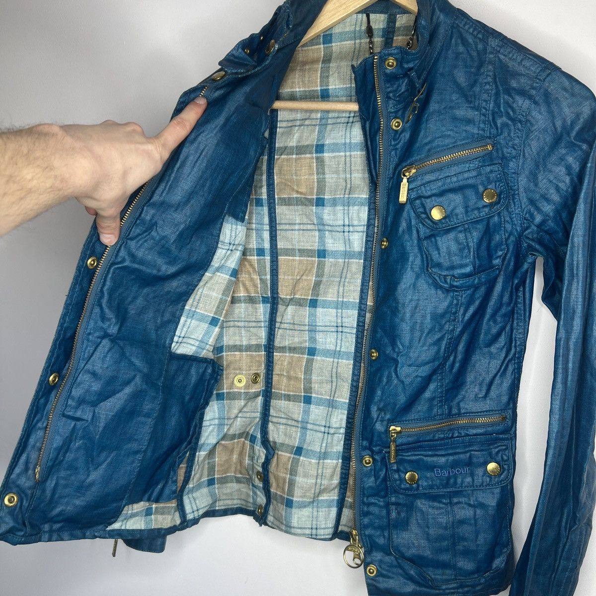 Barbour × Japanese Brand Vintage Waxed Barbour Linen Blue Jacket Coat Utility Size XS / US 0-2 / IT 36-38 - 9 Thumbnail