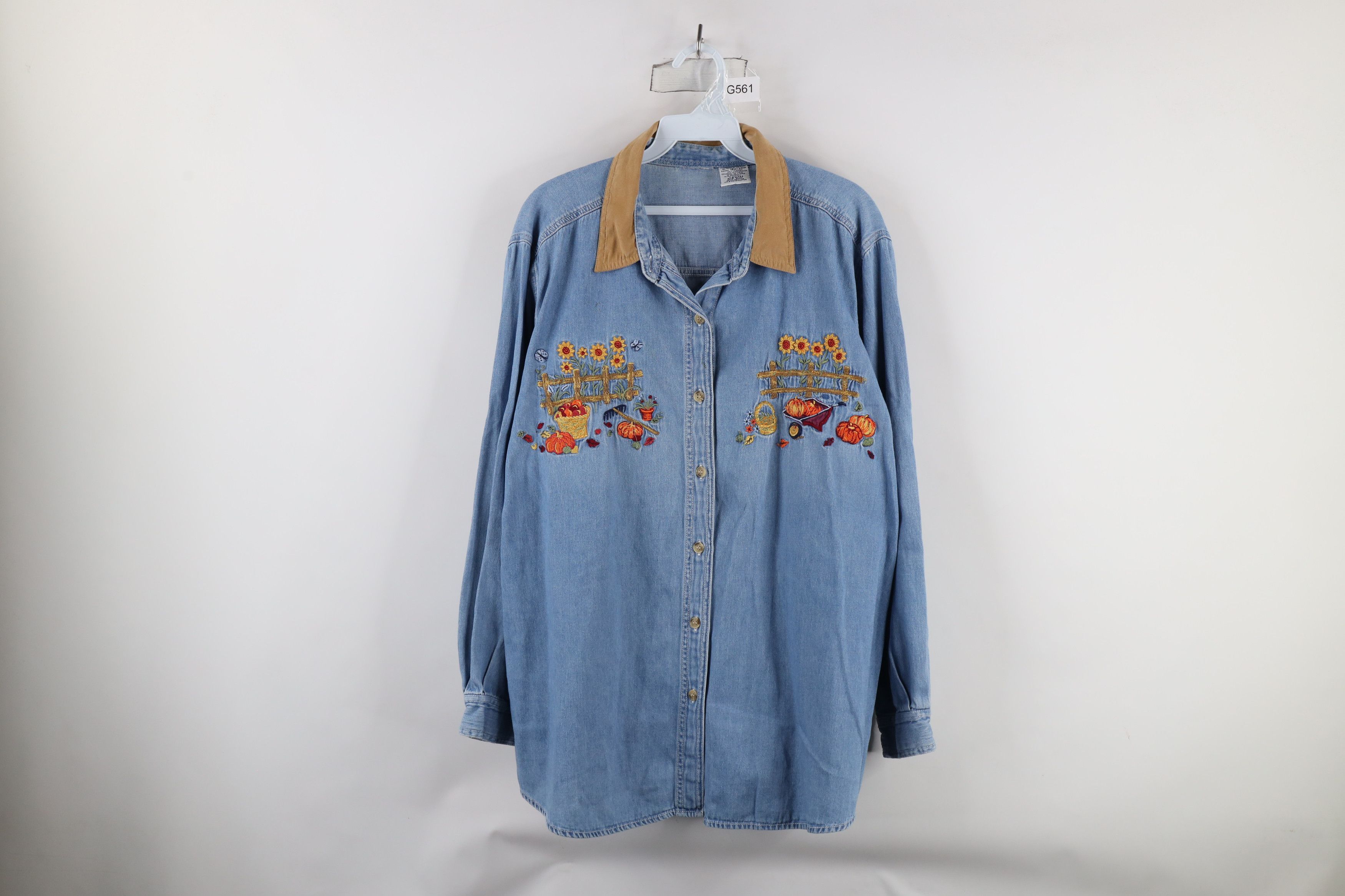 Vintage Vintage 90s Streetwear Garden Pumpkin Denim Button Shirt Size XXL / US 16-18 / IT 52-54 - 1 Thumbnail