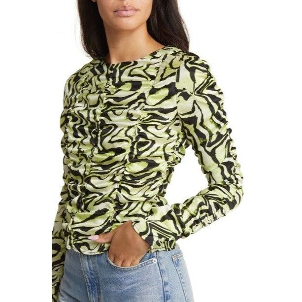 Topshop Topshop Ruched Long Sleeve Shirred Swirl Animal Print Top In Size S / US 4 / IT 40 - 2 Thumbnail