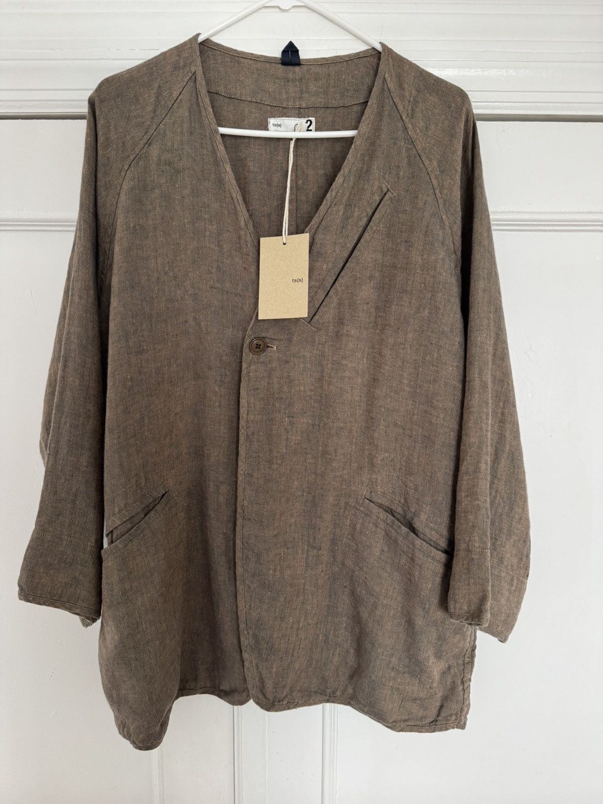 Ts(S) Linen Collarless Easy Jacket Back Slit Brown Navy Chambray Size US S / EU 44-46 / 1 - 1 Thumbnail