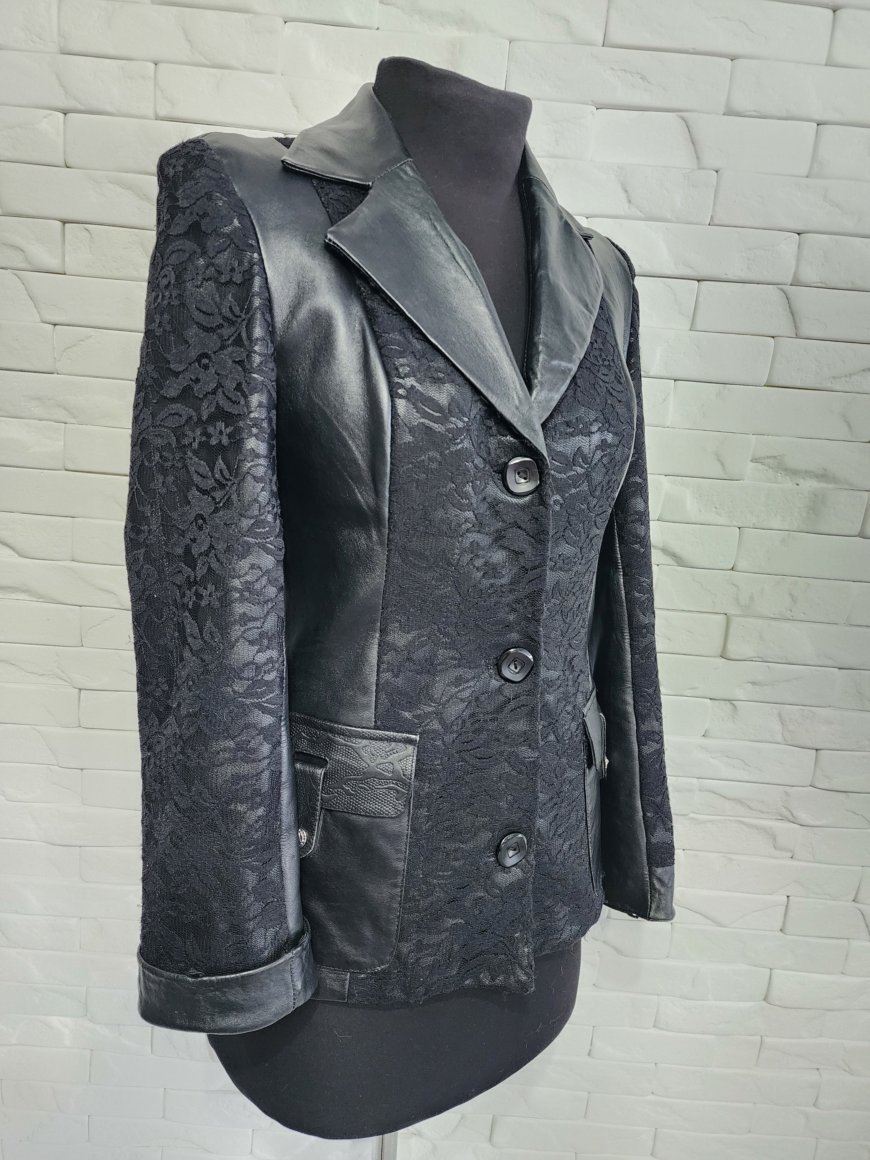 Genuine Leather Black women's jacket decorated with a veil. Size M / US 6-8 / IT 42-44 - 2 Thumbnail