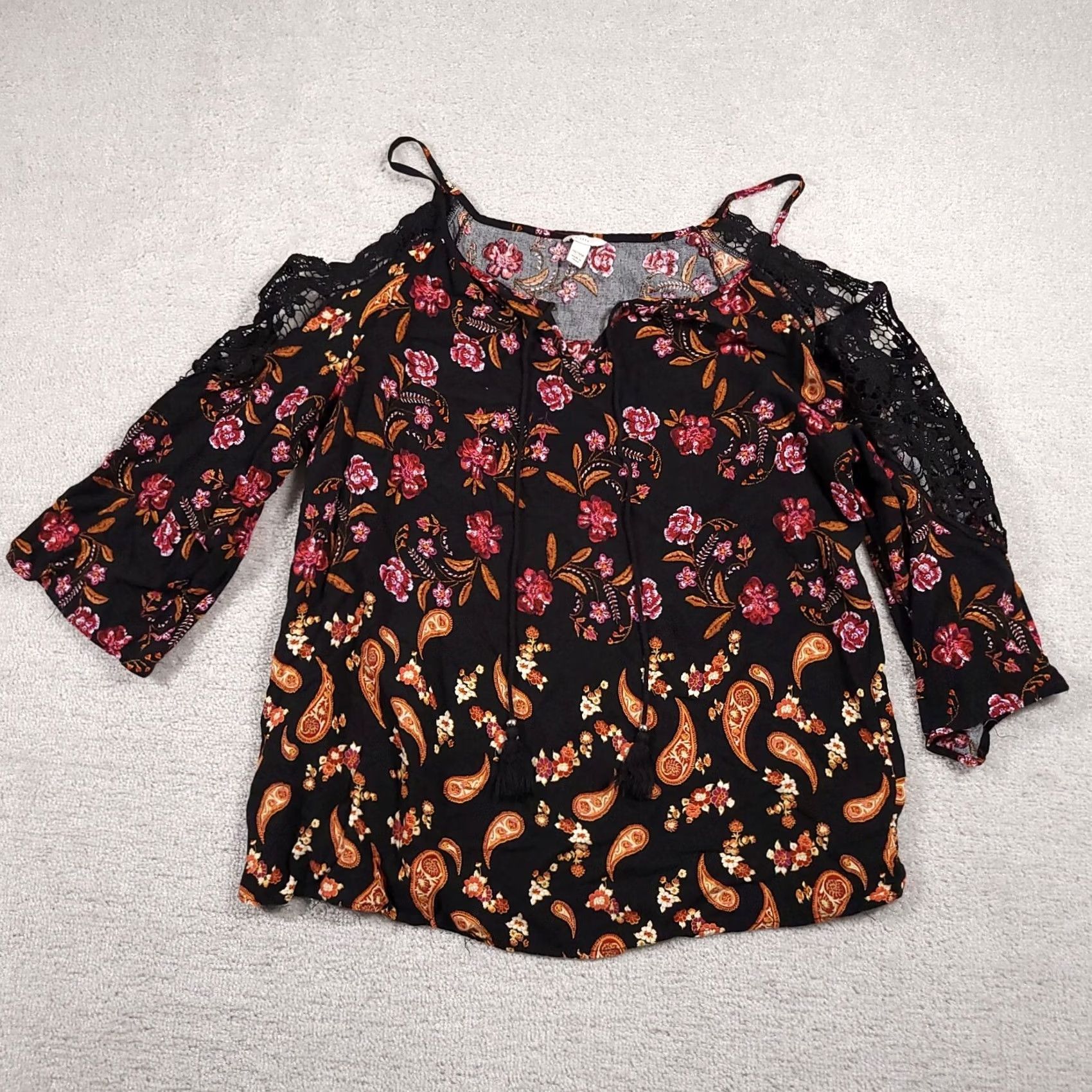 Vintage Cato Shirt Women's 18/20W Paisley Boho Blouse 3/4 Sleeve Crochet Cold Shoulder Size 3XL / US 20-22 - 2 Thumbnail