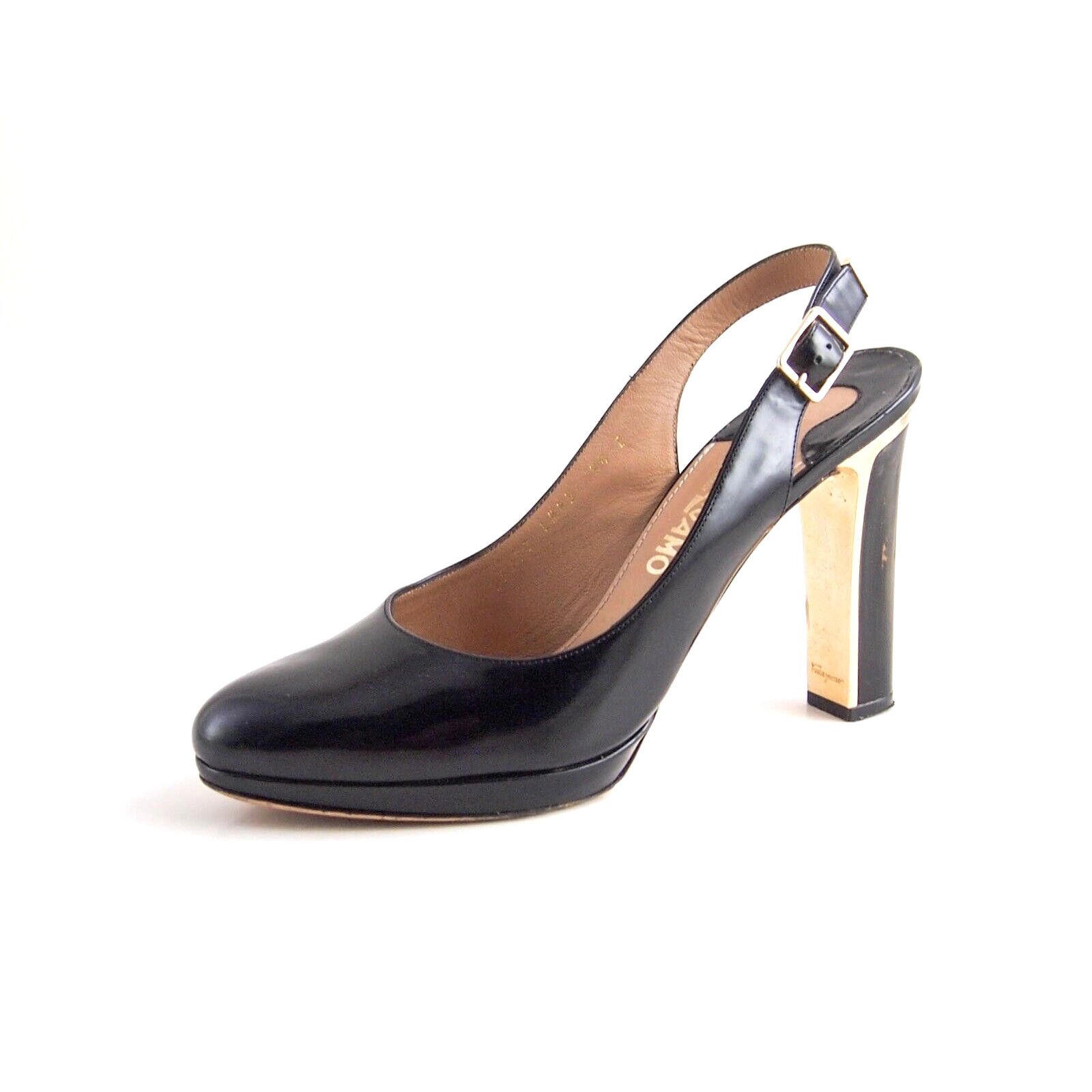 Ferragamo Slingback Sandal Gold Heel Black US 9.5 EU 40