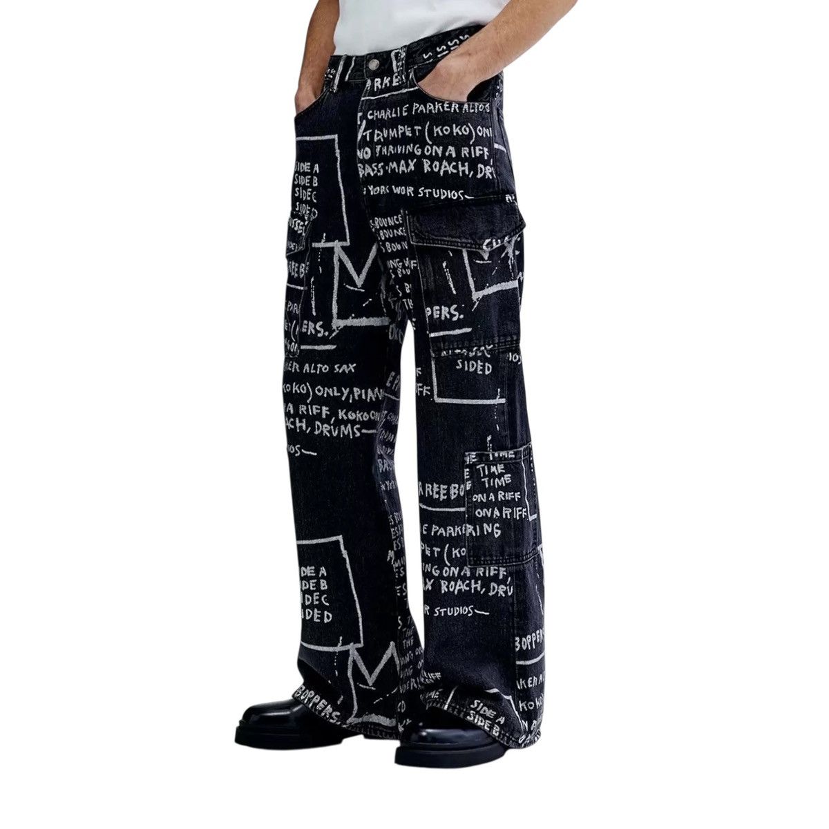 H&M × Jean-Michel Basquiat × Who Decides War Jean Michel Basquiat Who Decides War Bootcat Flare Jeans Size US 32 / EU 48 - 3 Thumbnail