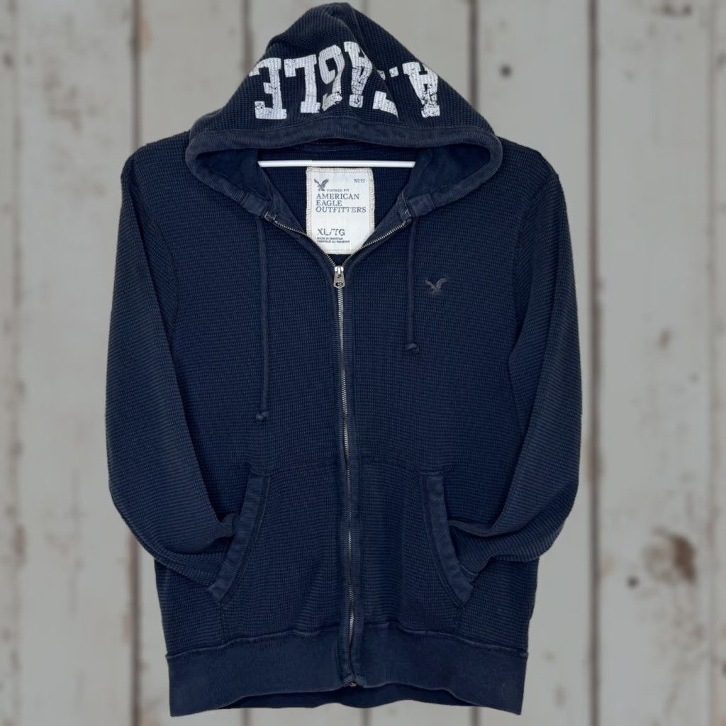 American Eagle Outfitters American Eagle Sweatshirt Mens XL Dark Blue Full Zip Hooded Waffle Weave Y2K Size US XL / EU 56 / 4 - 1 Thumbnail