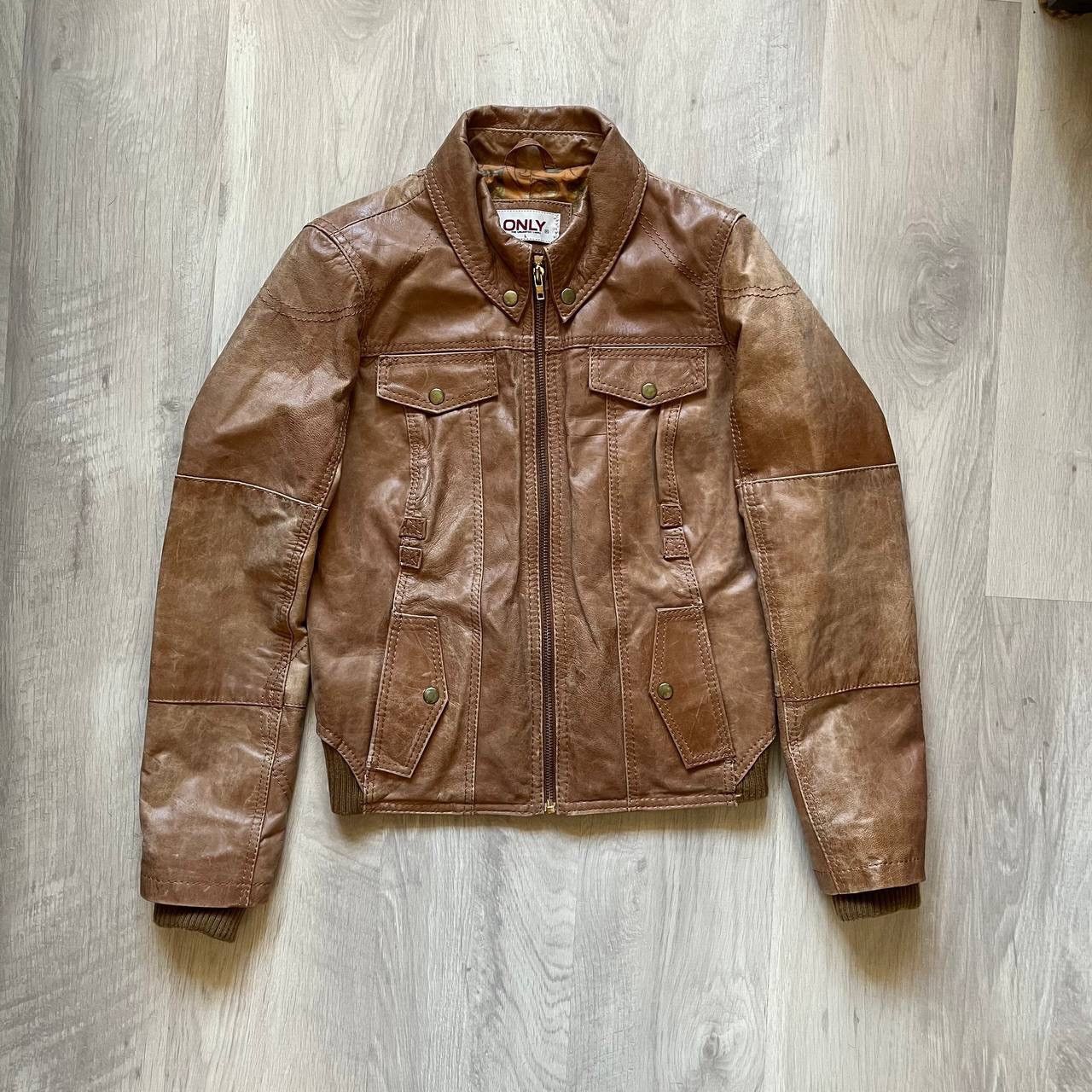 image of Y2K Vintage Leather Jacket Faded Leather in Brown, Women's (Size Large)