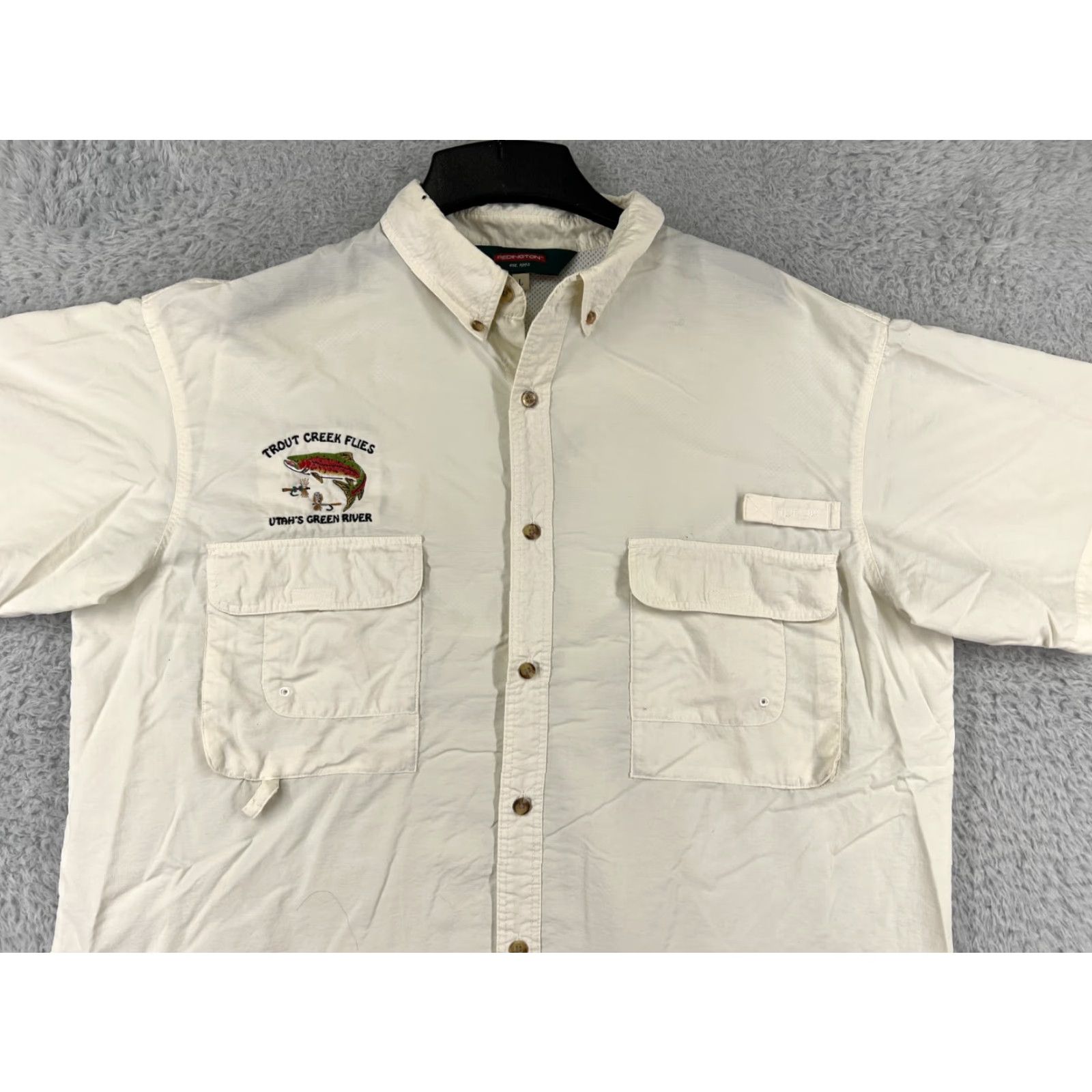 Vintage Redington Mens Shirt Large Ivory Nylon Button Up Fishing Angler Utah Green River Size US L / EU 52-54 / 3 - 6 Thumbnail