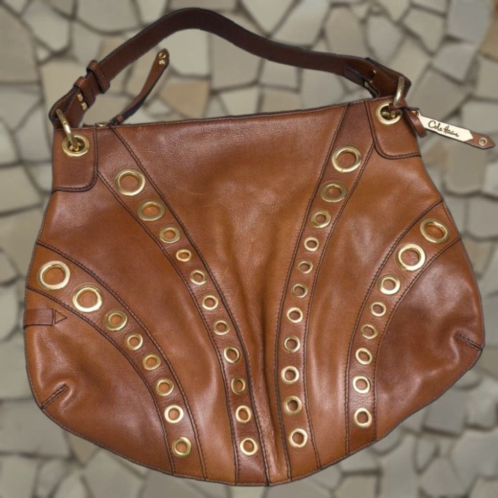 Cole Haan Large Brown Leather Hobo Bag Womens Gold Hardware Zipper Shoulder Purse
