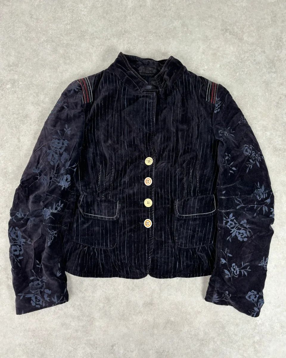 2000s Marithé + François Girbaud Navy Velvet Floral Blazer Jacket