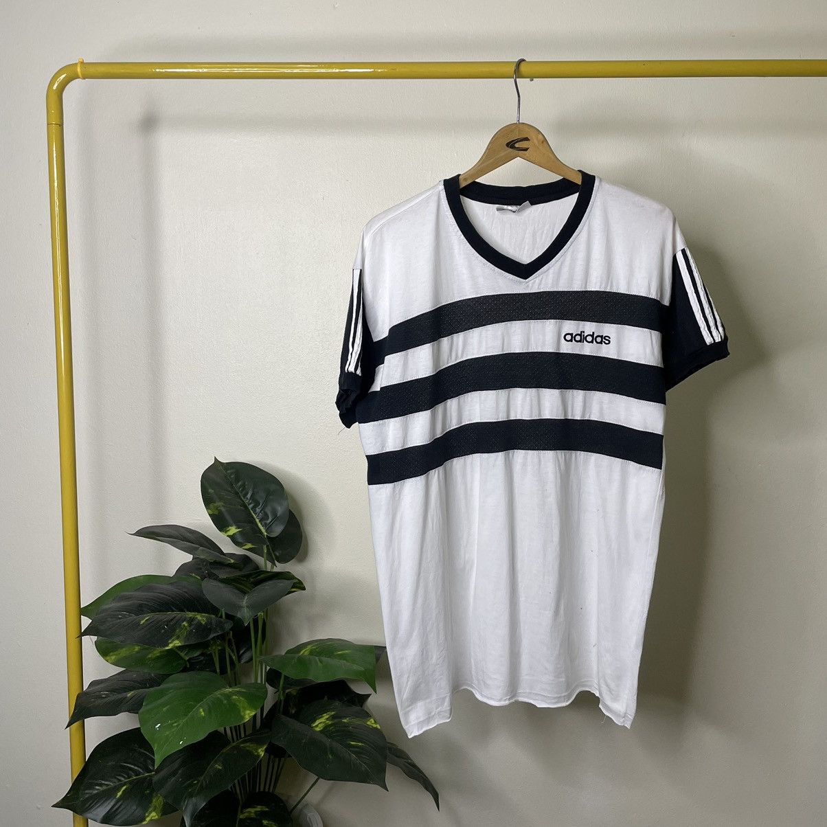 Adidas × Vintage Vintage 1990s Adidas 3 Stripes V Neck T Shirt Size US L / EU 52-54 / 3 - 1 Thumbnail