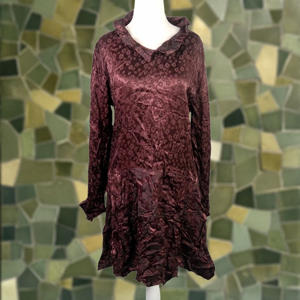 Vintage VINTAGE 90s MSAS Satin Floral Long Sleeve Mini Dress S Brown Women's Dress Size S / US 4 / IT 40 - 1 Thumbnail