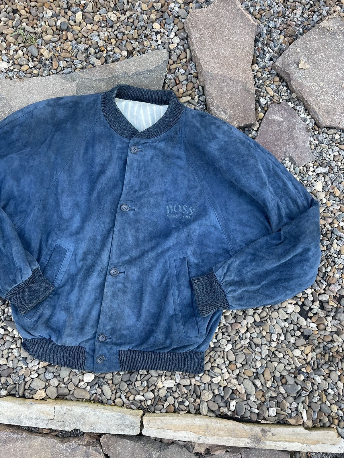 Hugo Boss × Vintage 90’s Boss Luxury navy suede bomber jacket vintage leather Size US L / EU 52-54 / 3 - 4 Thumbnail