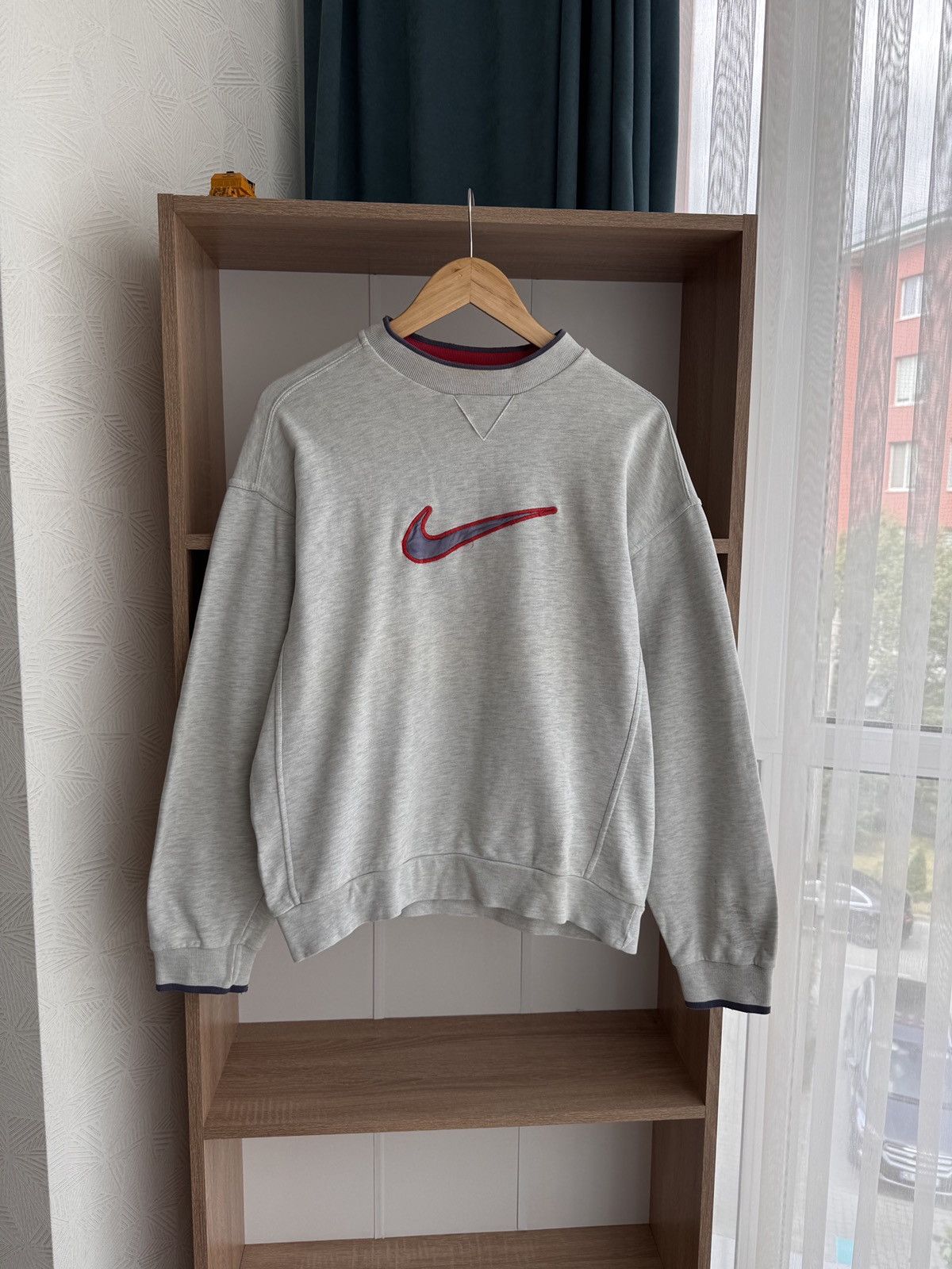 Nike × Vintage Vintage Nike Big Swoosh Distressed Grey Sweatshirt Size US S / EU 44-46 / 1 - 1 Thumbnail