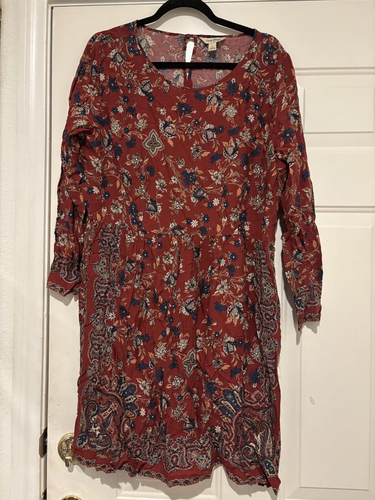 Lucky Brand Womens sz L Lucky Brand boho maroon floral dress #507 Size L / US 10 / IT 46 - 1 Thumbnail