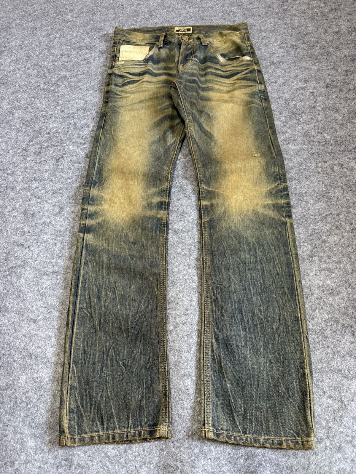 W31x32.5 Flare Jeans Fuga Boro Sew Distress Faded Denim