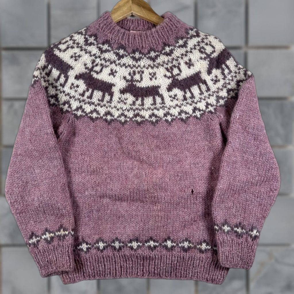 VINTAGE Handmade Denmark Moose Sweater Womens Small Purple Wool Knit Pullover 100% Pure New Wool Moose Motif