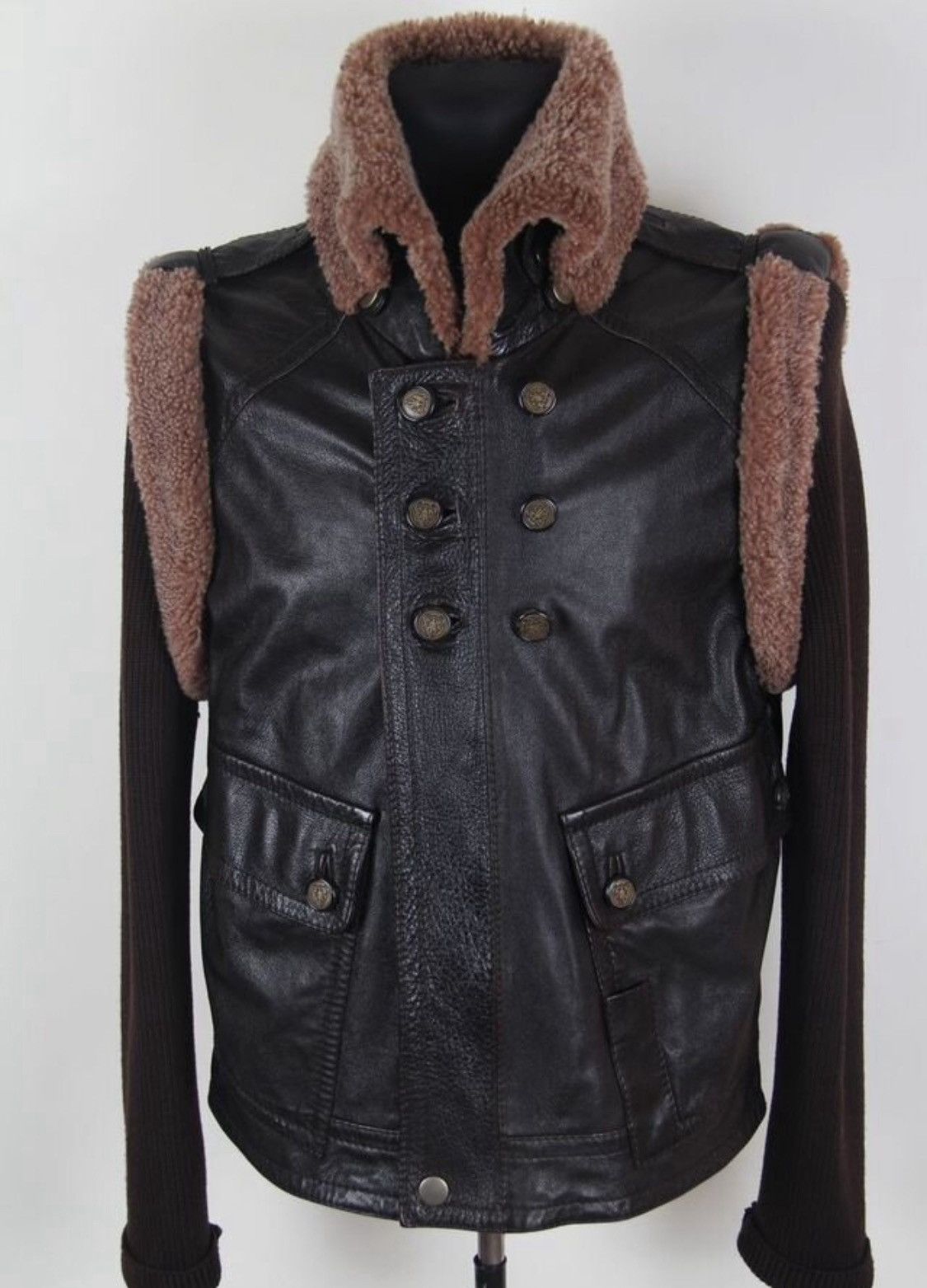 Gucci Gucci Double-Breasted Leather Fur Detail Wool Sleeve Jacket Size US L / EU 52-54 / 3 - 1 Thumbnail