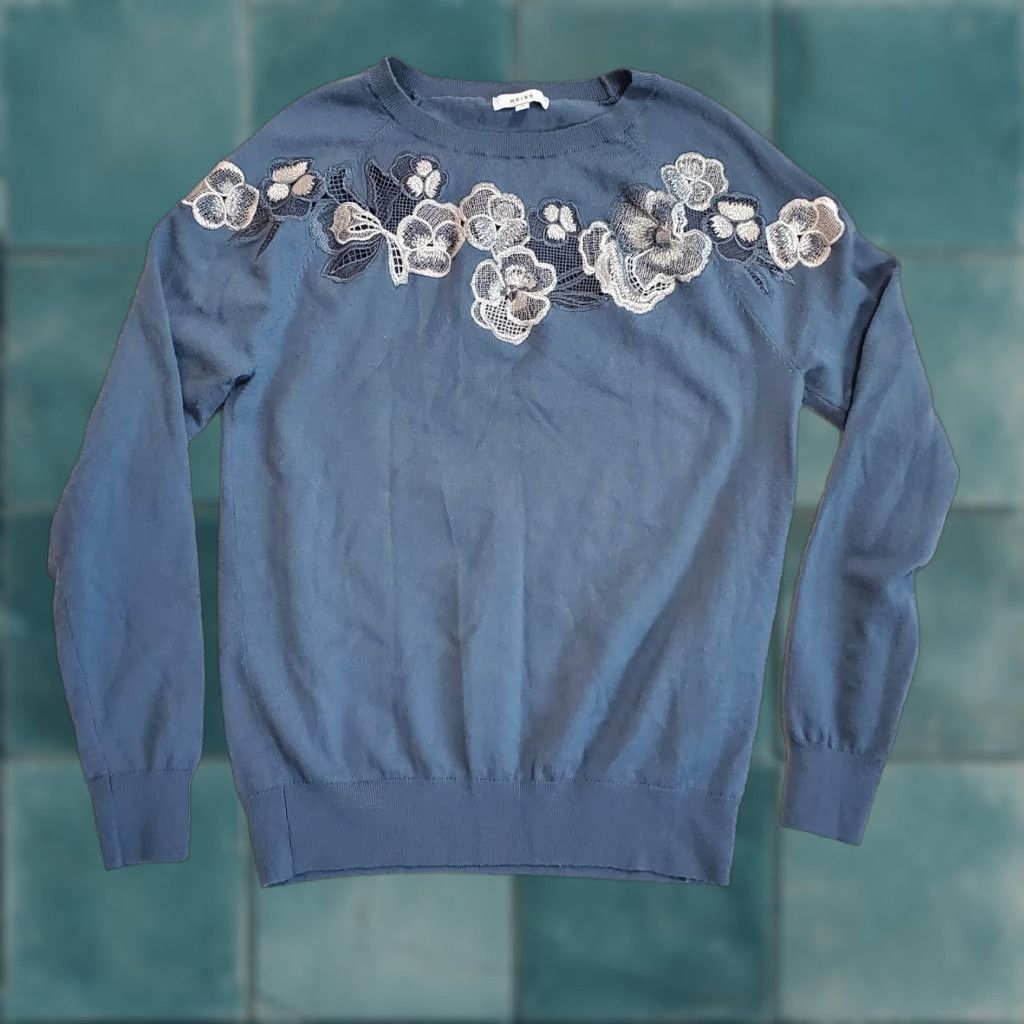 Reiss Reiss Sweater Women S Blue Amelia Embroidered Floral Wool Blend Pullover Jumper Size S / US 4 / IT 40 - 1 Thumbnail